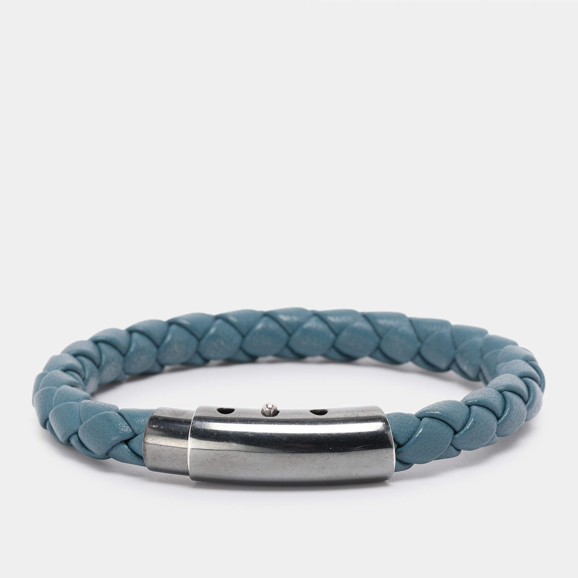 Pre Owned Bottega Veneta Blue Intrecciato Woven Leather Bracelet