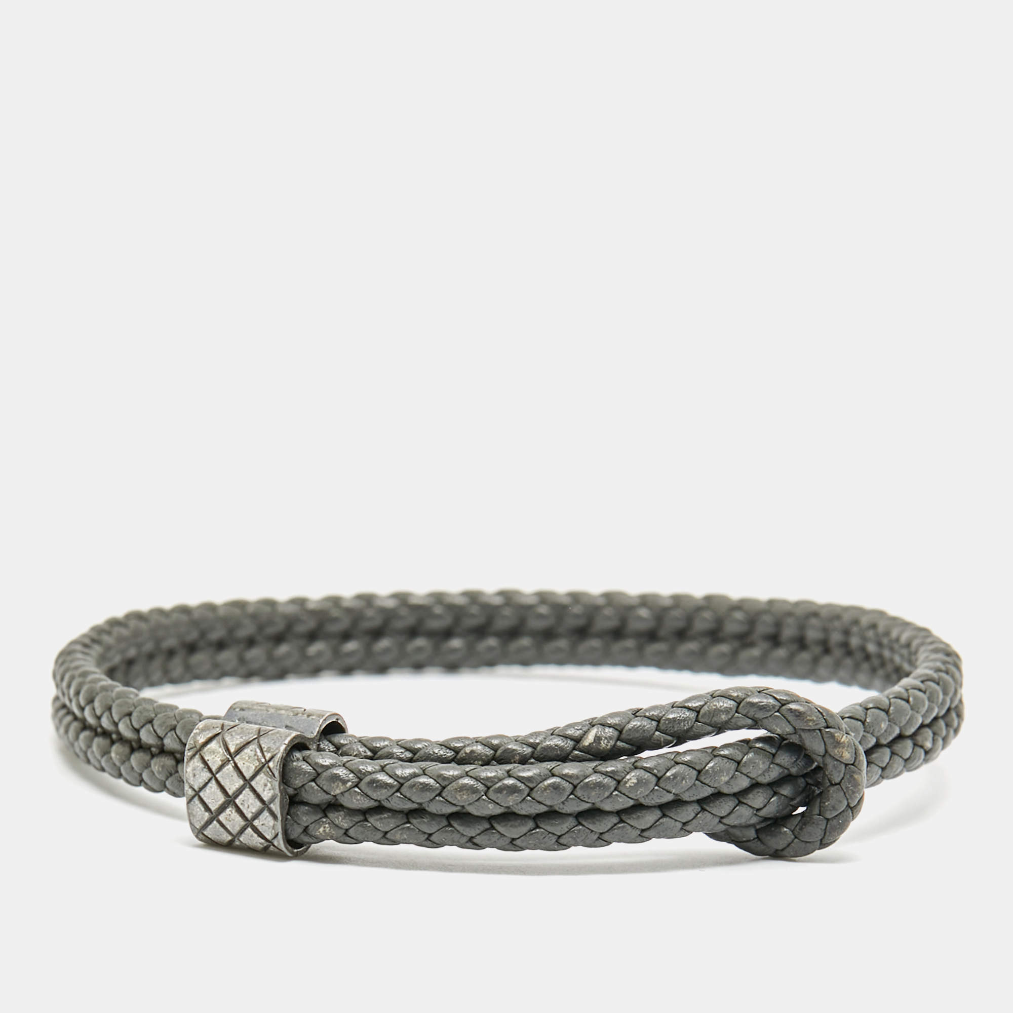 Pre Owned Bottega Veneta Grey Intrecciato Leather Sterling Silver Adjustable Bracelet