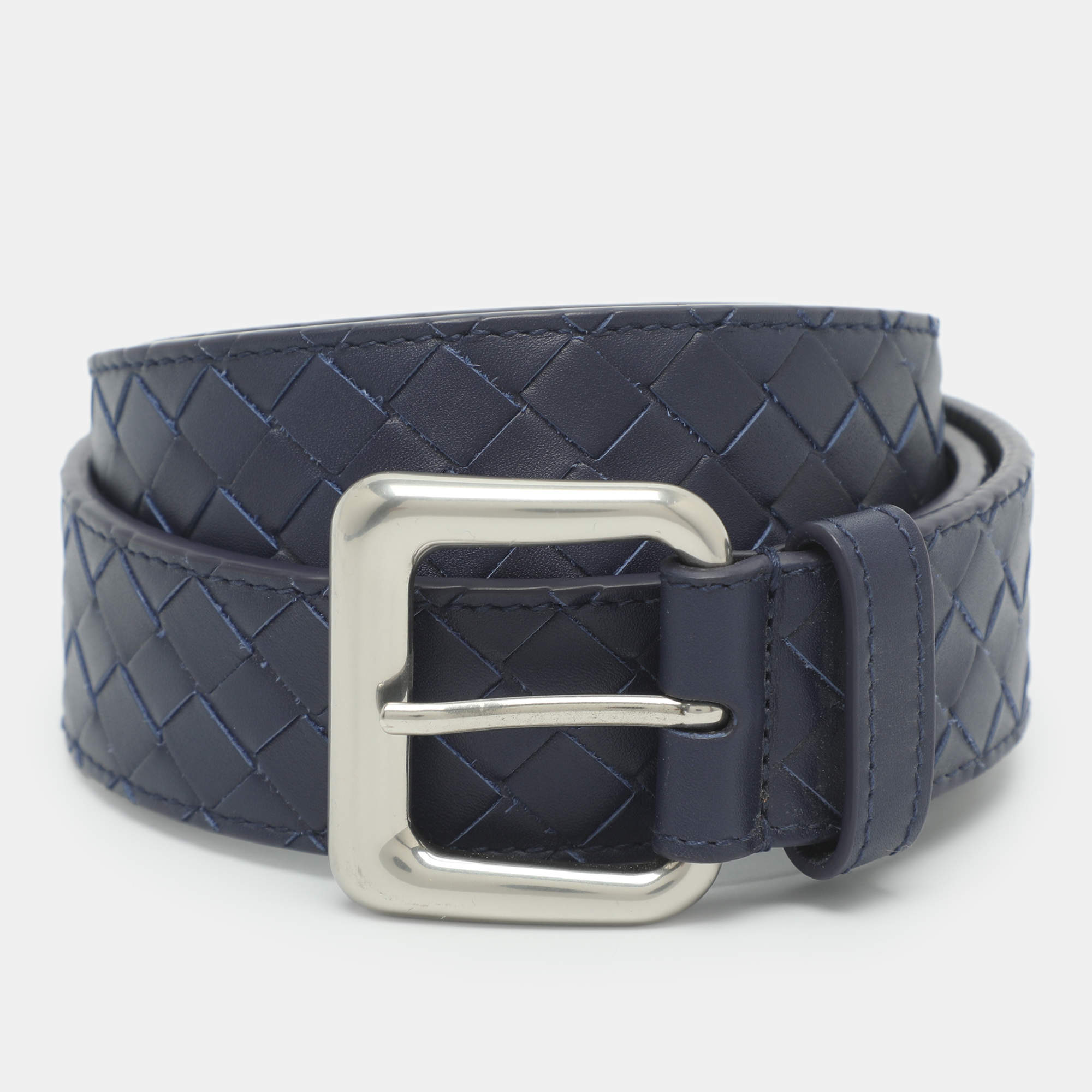Pre Owned Bottega Veneta 110 cm Buckle Belt Midnight Blue Intrecciato Leather