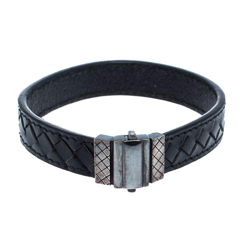 Bottega Veneta Black Intrecciato Woven Leather Sterling Silver Bracelet S