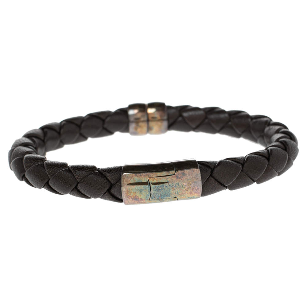 Pre Owned Bottega Veneta Brown Intrecciato Leather Sterling Silver Bracelet