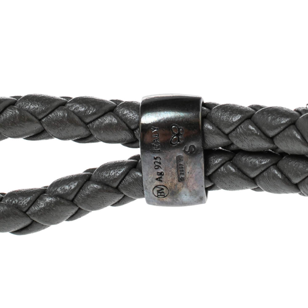 Bottega Veneta Grey Intrecciato Leather Sterling Silver Hook Bracelet S