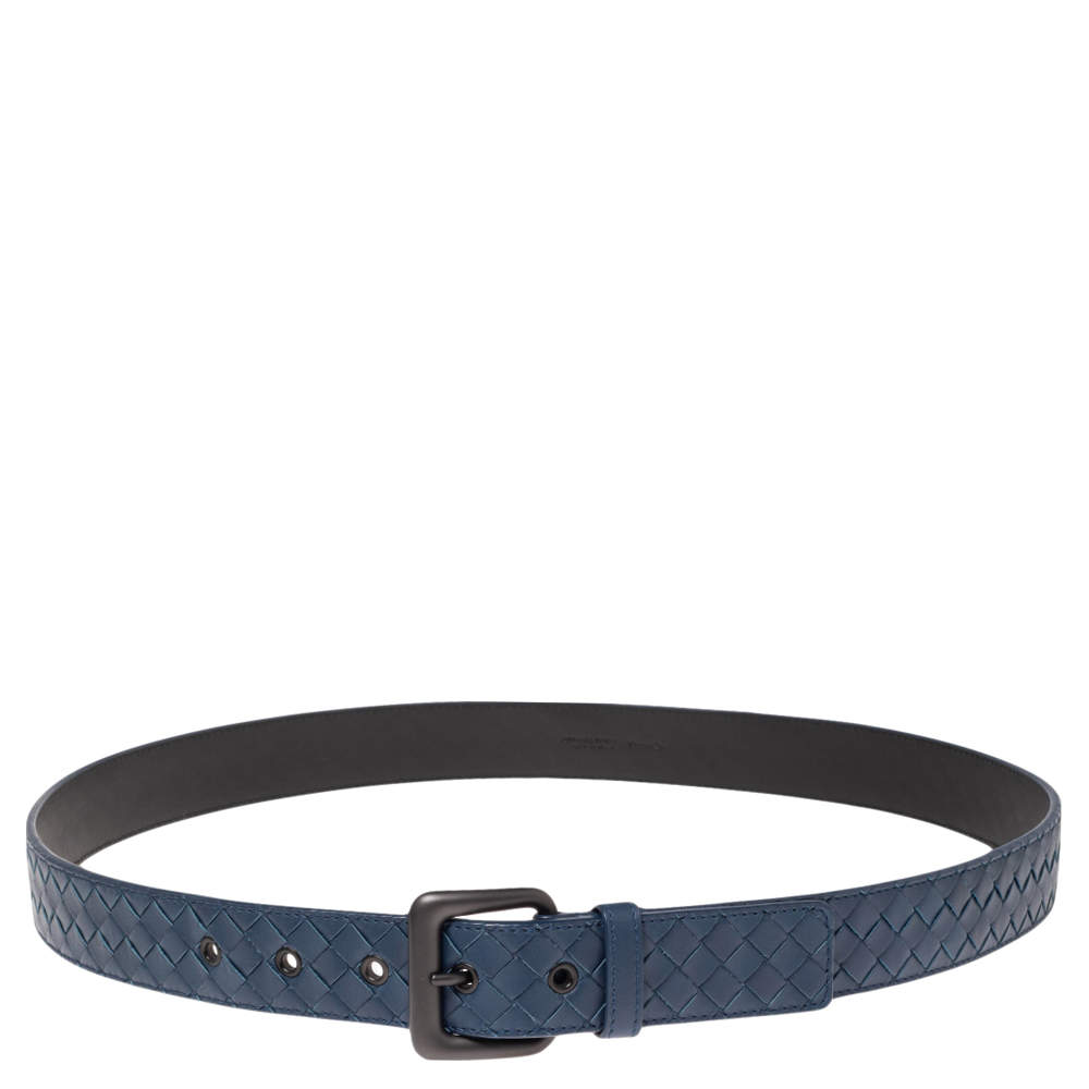 Bottega Veneta Blue Intrecciato Leather Buckle Belt 105CM