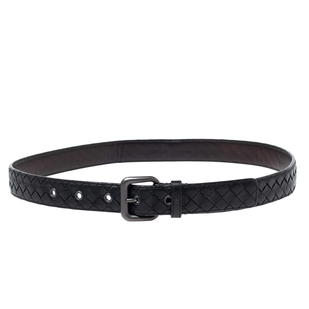 Bottega Veneta Black Intrecciato Leather Buckle Belt 90CM
