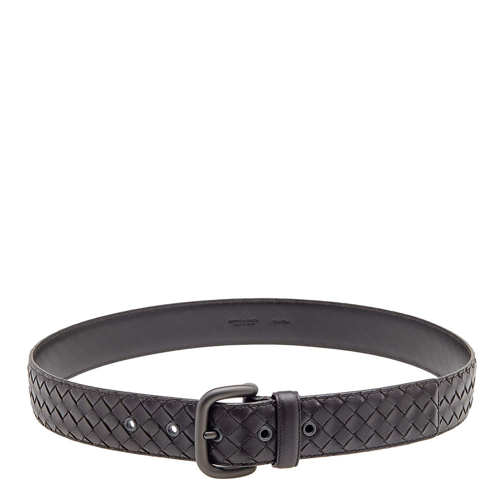 Pre Owned Bottega Veneta Brown Intrecciato Leather Buckle Belt 95CM