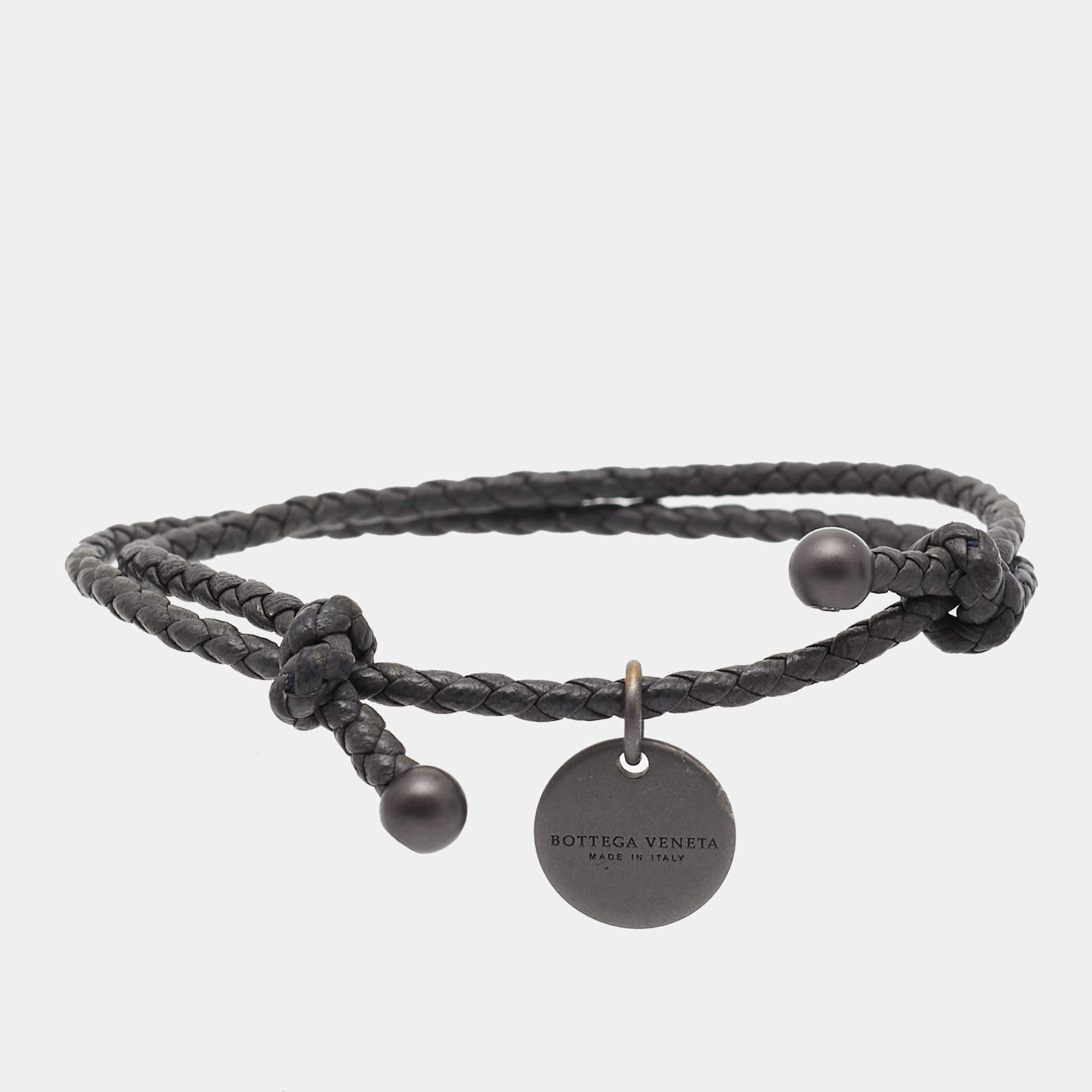 Bottega Veneta Grey Braided Leather Gunmetal Tone Adjustable Bracelet