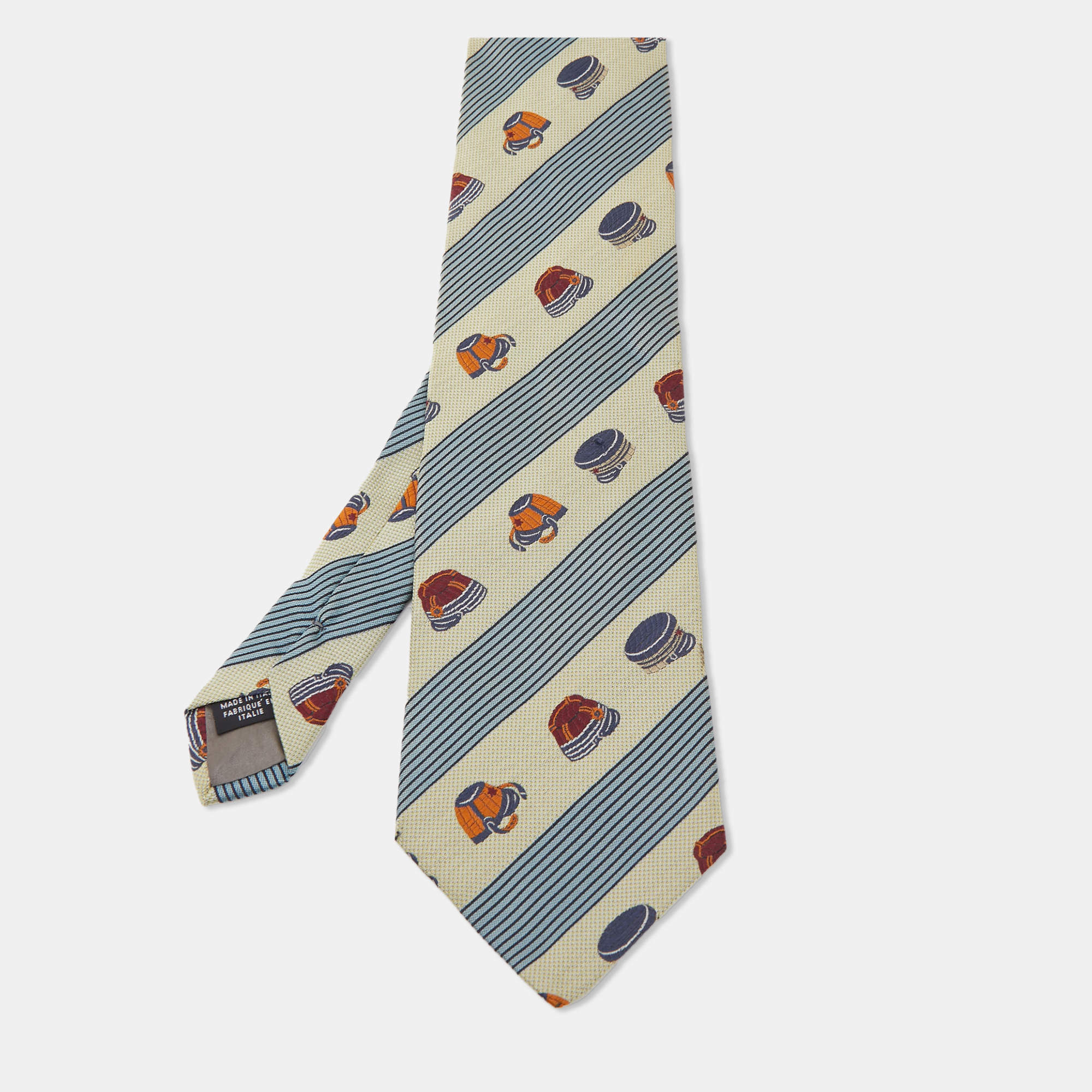 Pre Owned Bottega Veneta Vintage Beige Striped Hat Pattern Silk Tie