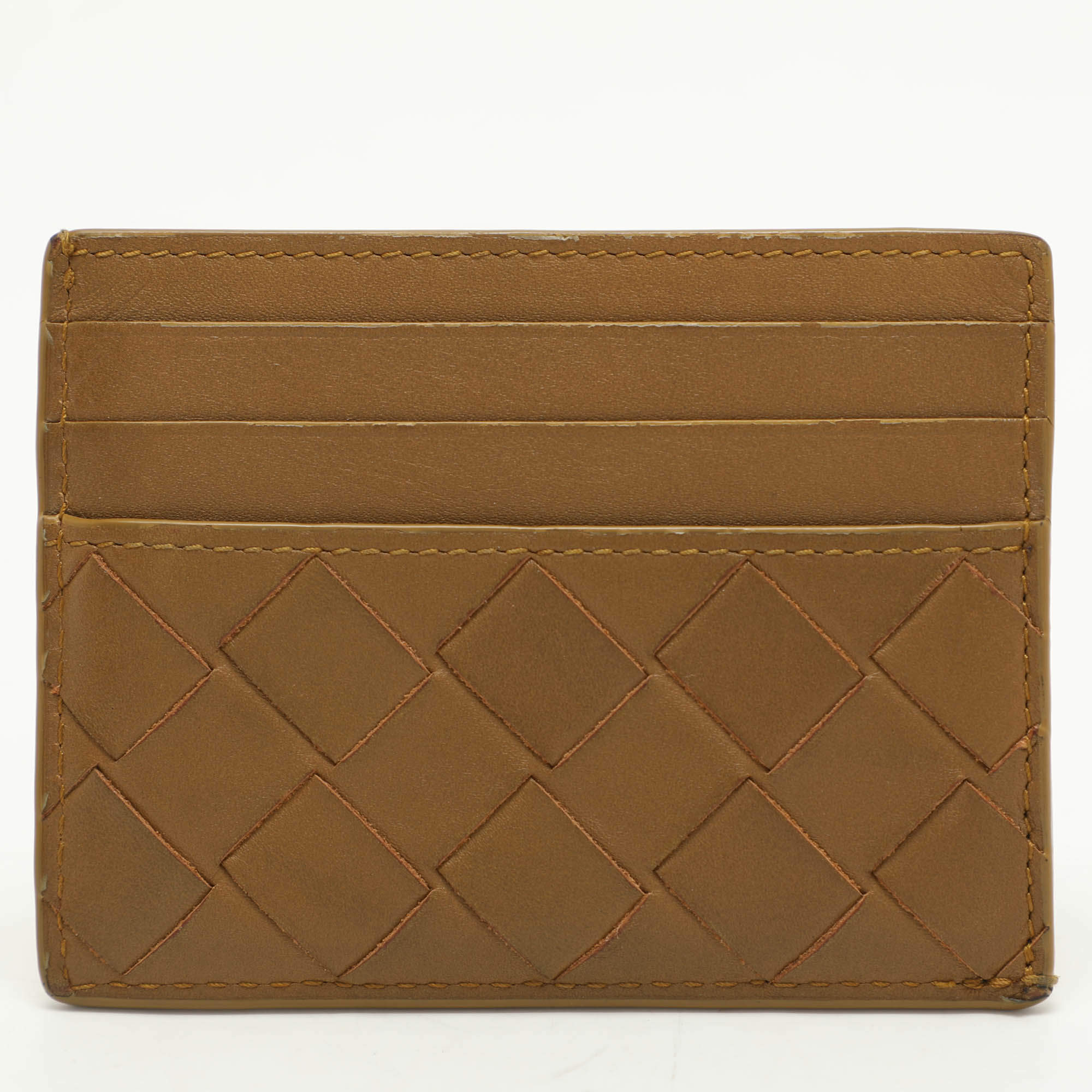 Pre Owned Bottega Veneta Gold Intrecciato Leather Card Holder