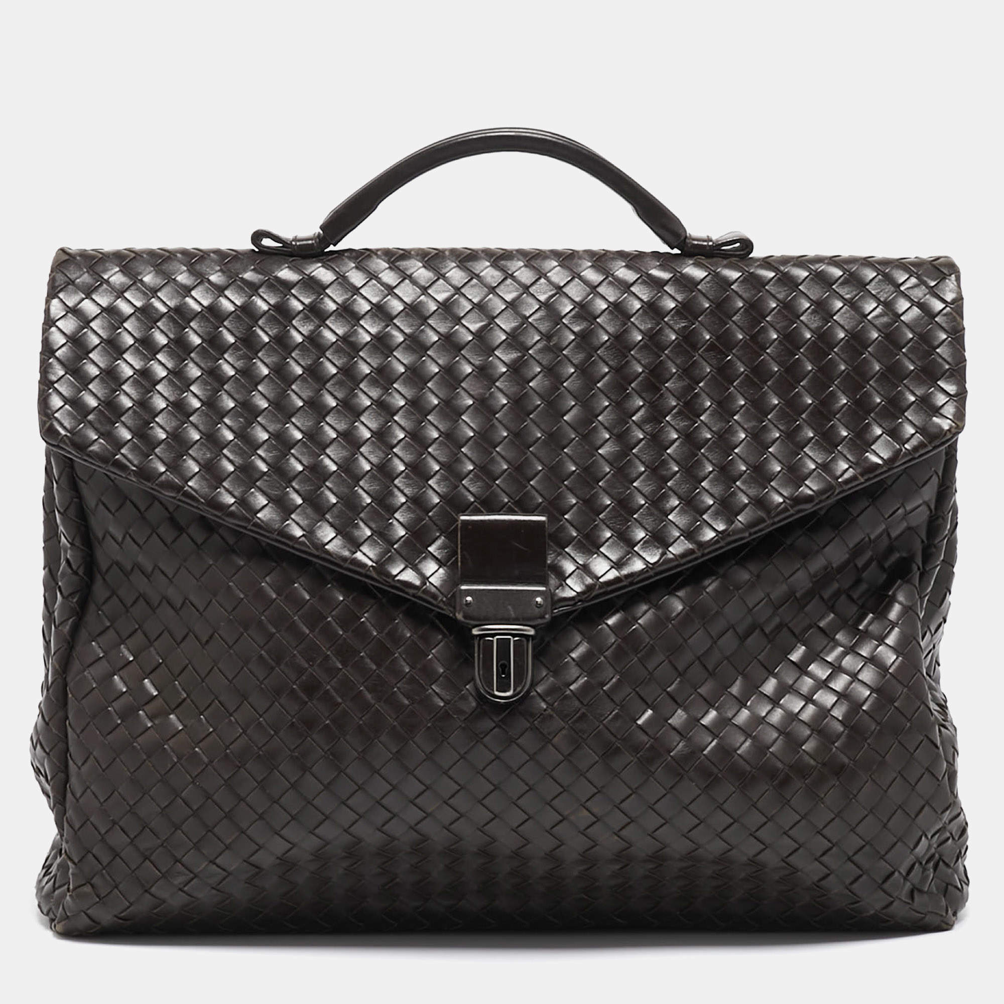 Bottega Veneta Dark Brown Intrecciato Leather Envelope Flap Briefcase