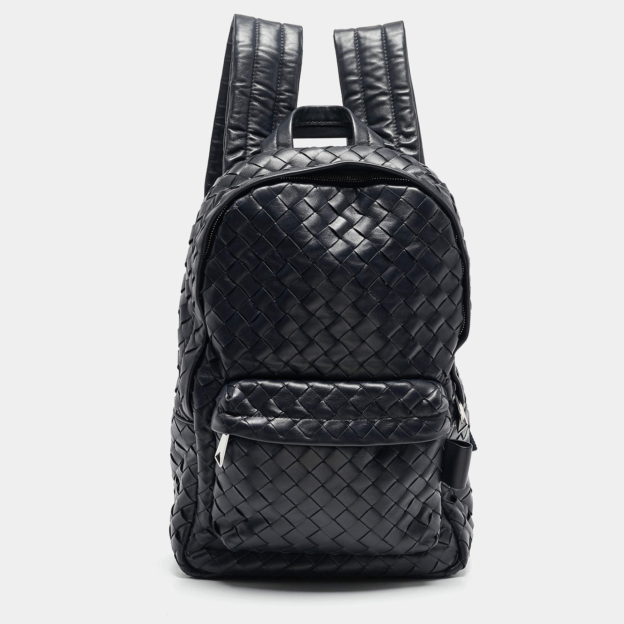 Pre Owned Bottega Veneta Navy Blue Intrecciato Leather Small Backpack