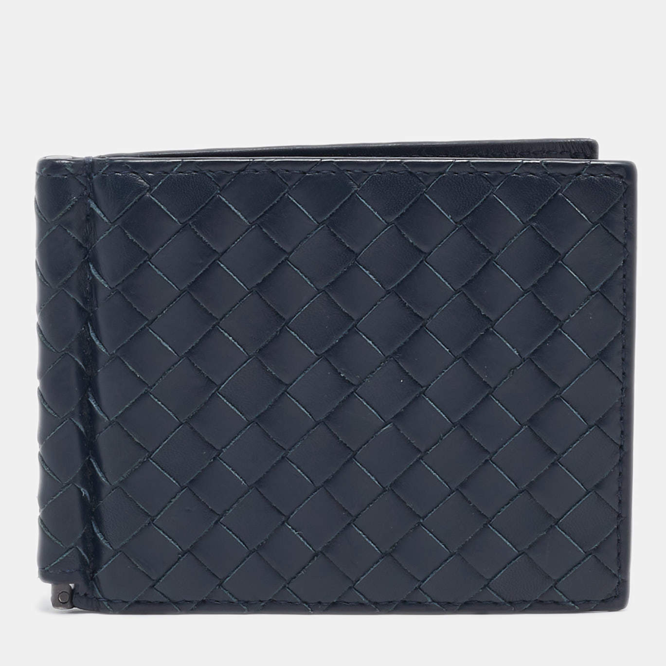 Bottega Veneta Navy Blue Intrecciato Leather Money Clip Bifold Wallet