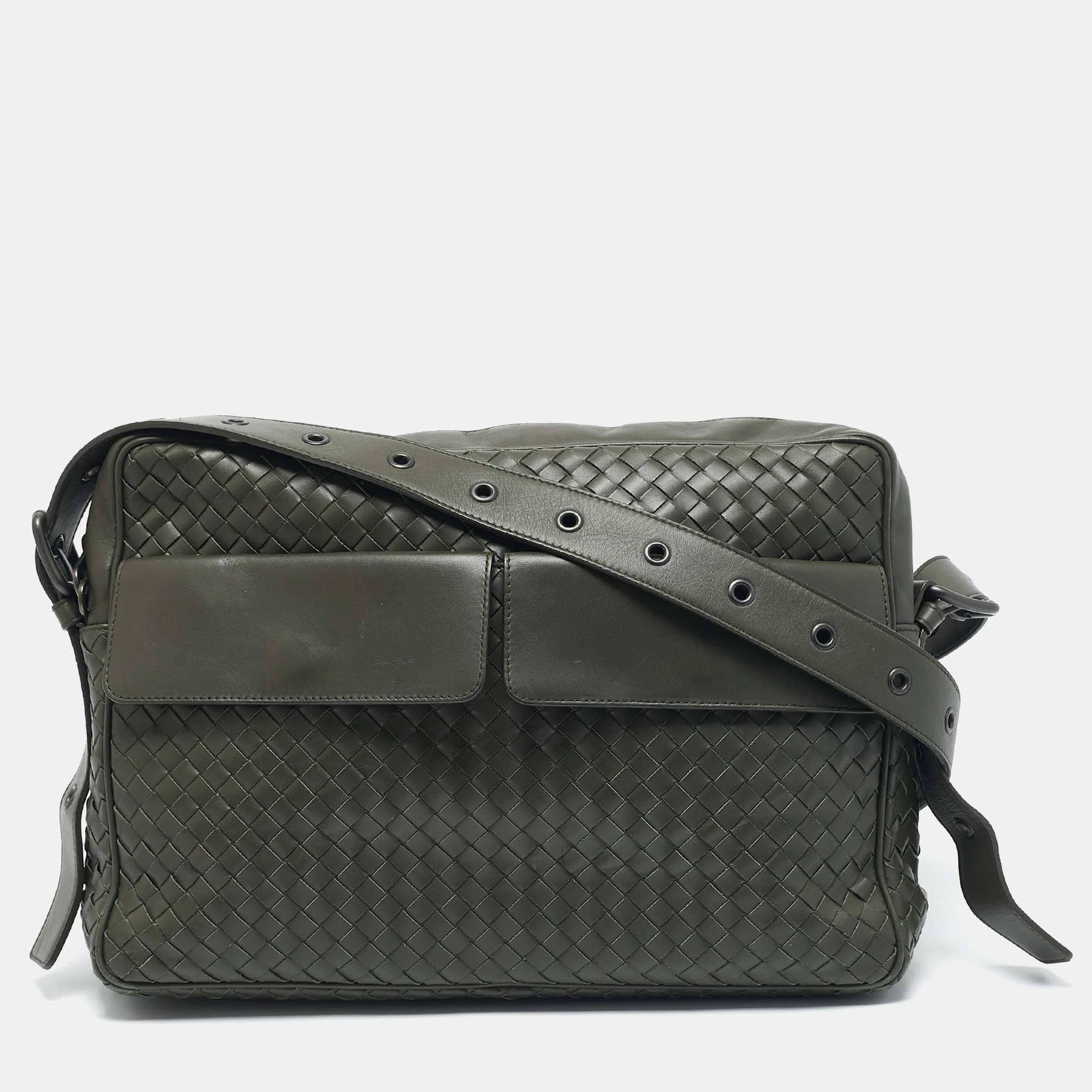 Bottega Veneta Green Intrecciato Leather Double Pocket Messenger Bag