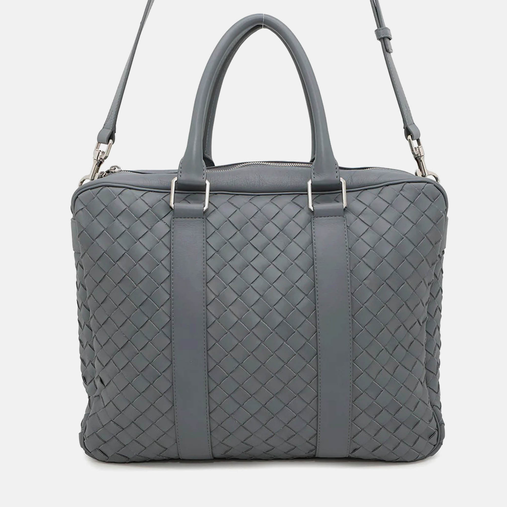 Pre Owned Bottega Veneta Intrecciato 2Way Business Bag Gray Leather