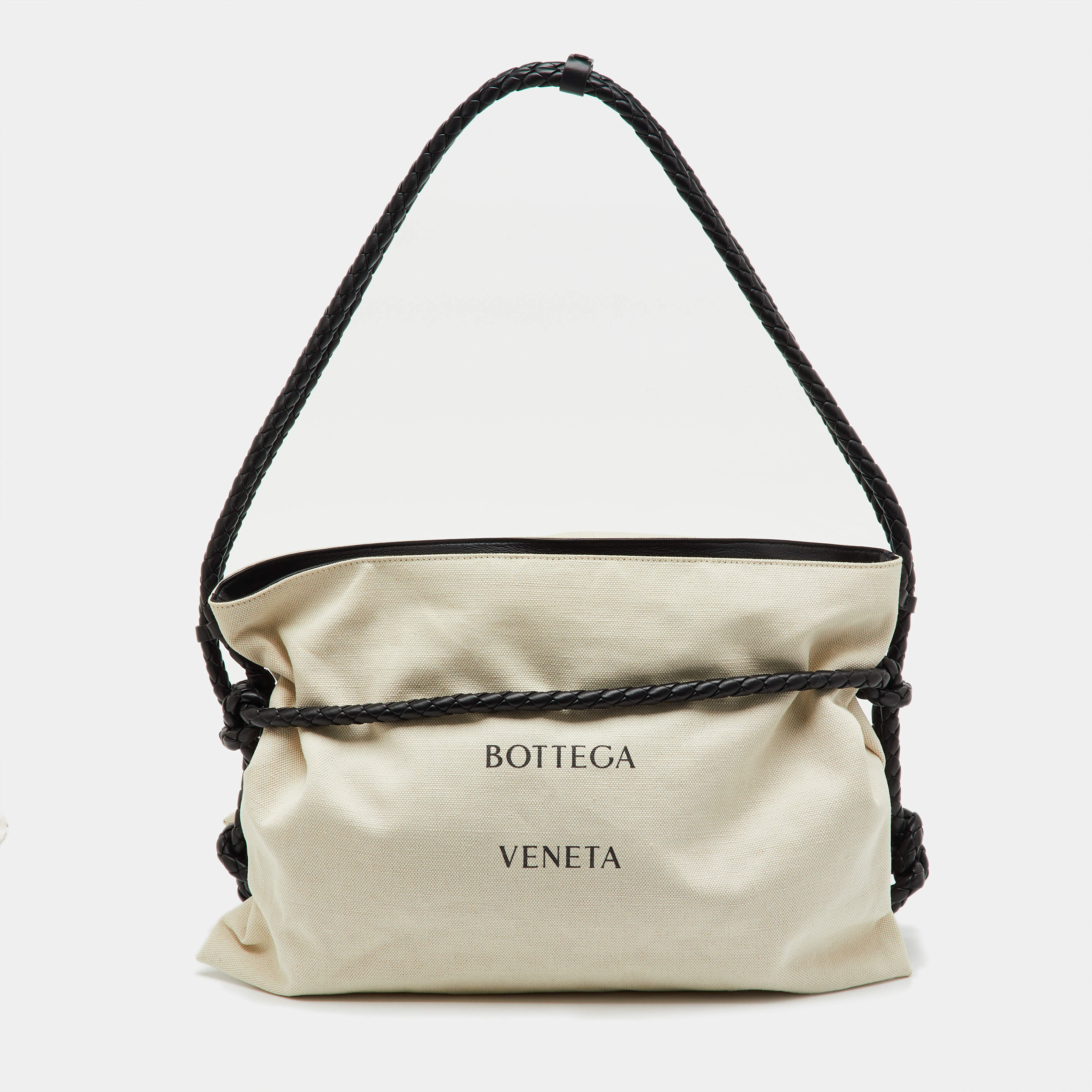 Pre Owned Bottega Veneta Beige/Black Canvas and Leather Quadronno Bag