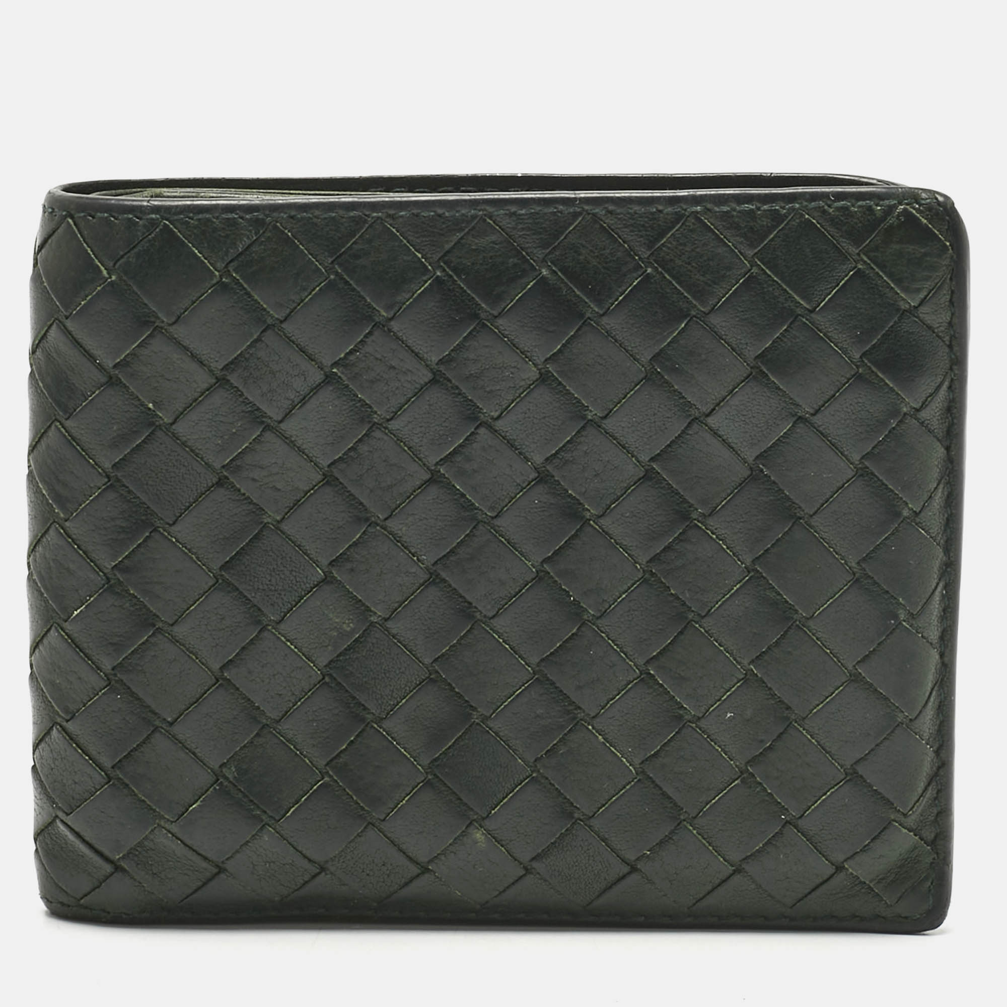 Pre Owned Bottega Veneta Dark Green Intrecciato Leather Bifold Wallet