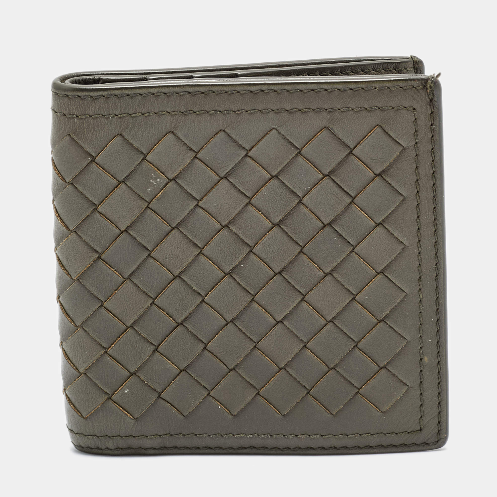 Pre Owned Bottega Veneta Olive Green Intrecciato Leather Bifold Wallet