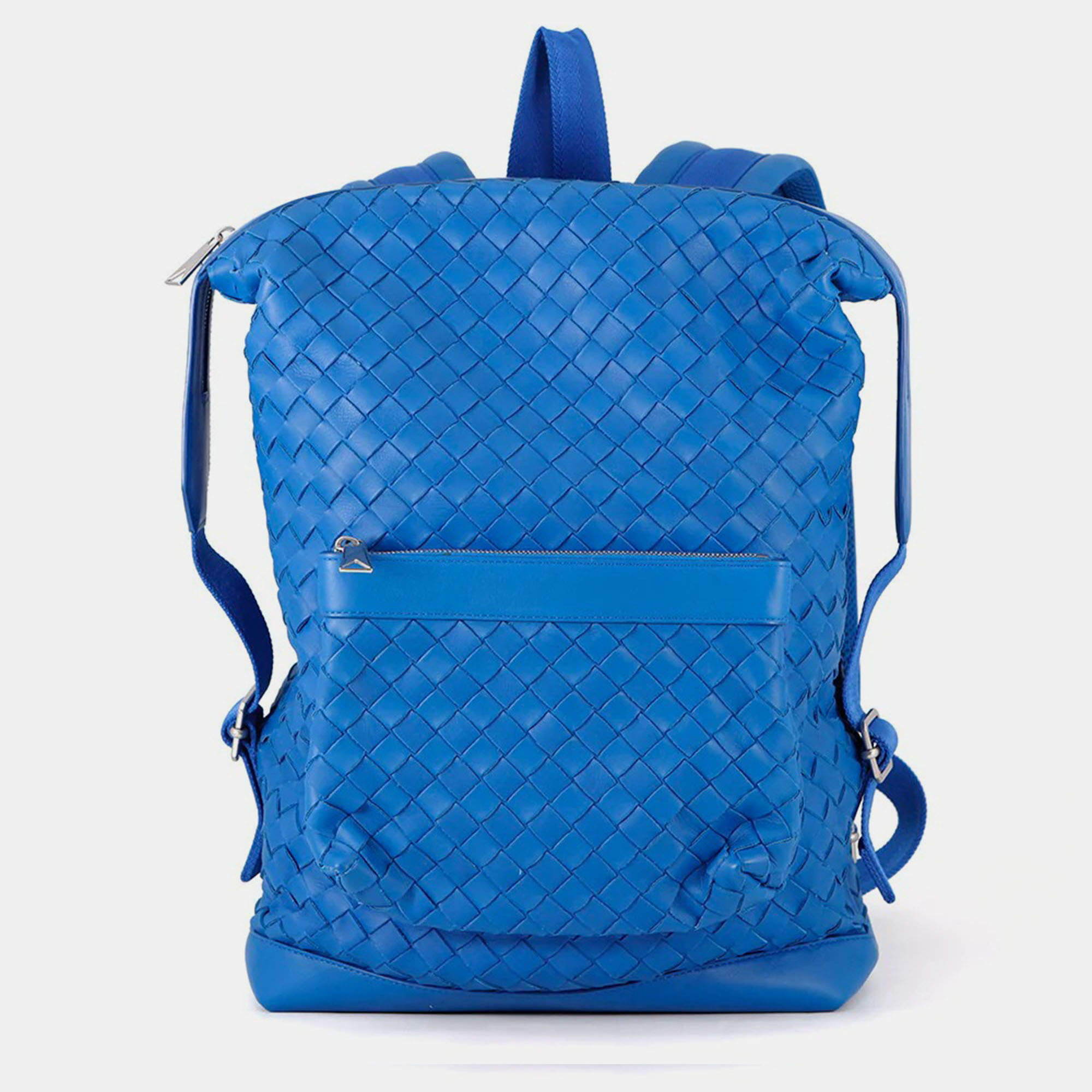 Pre Owned Bottega Veneta Intrecciato Backpack Blue Leather