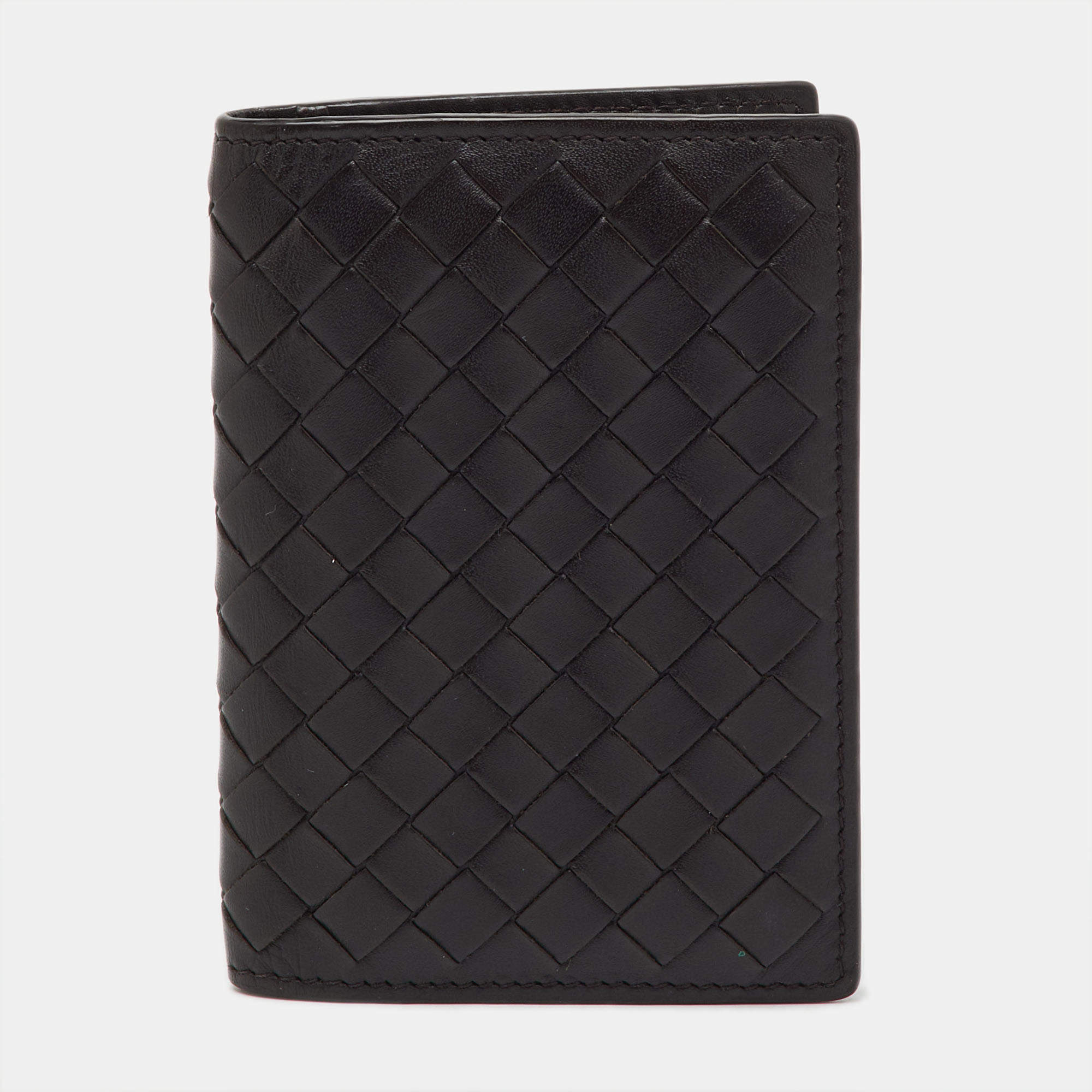 Pre Owned Bottega Veneta Dark Brown Intrecciato Leather Bifold Wallet