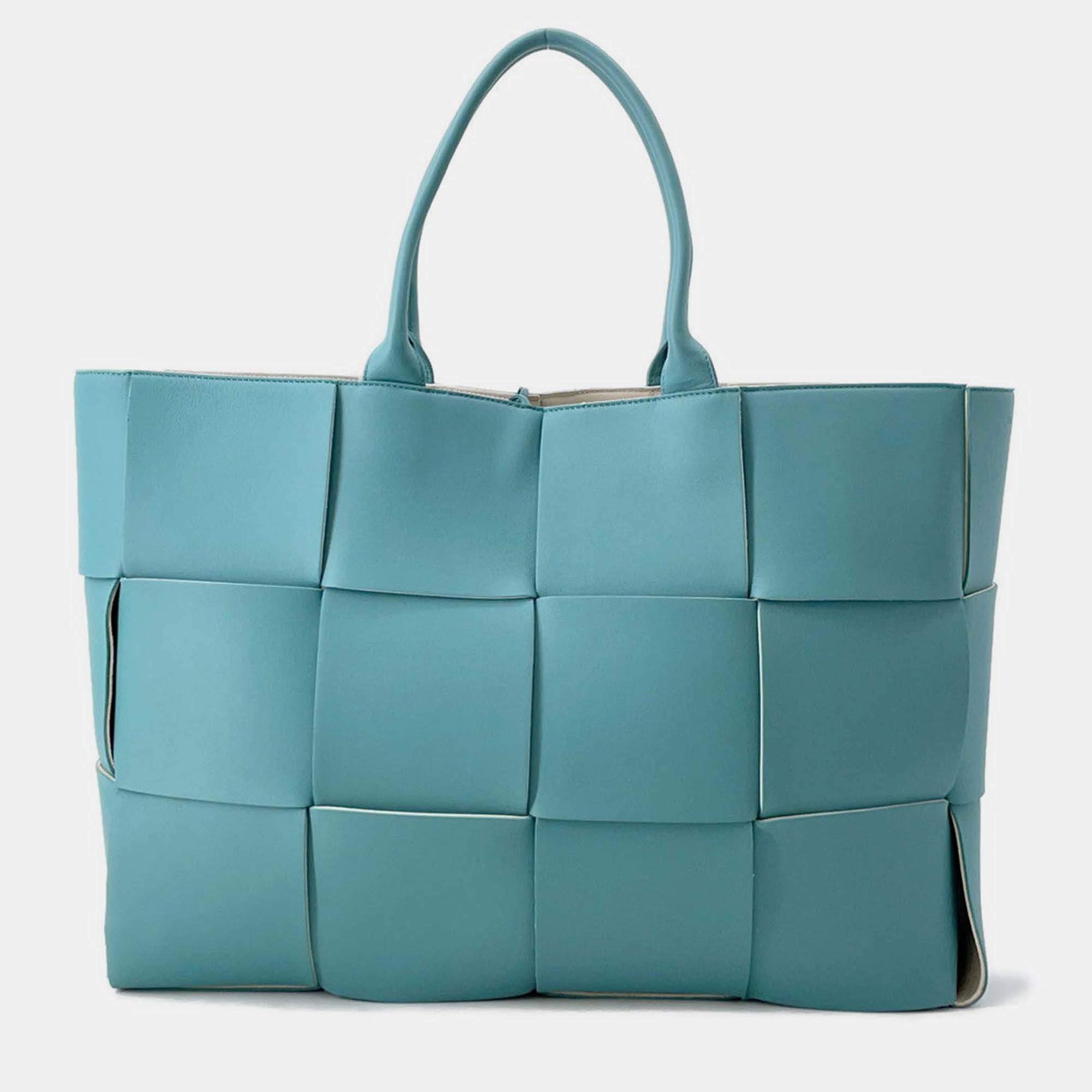 Pre Owned Bottega Veneta Alcotote Light Blue Leather Size Large