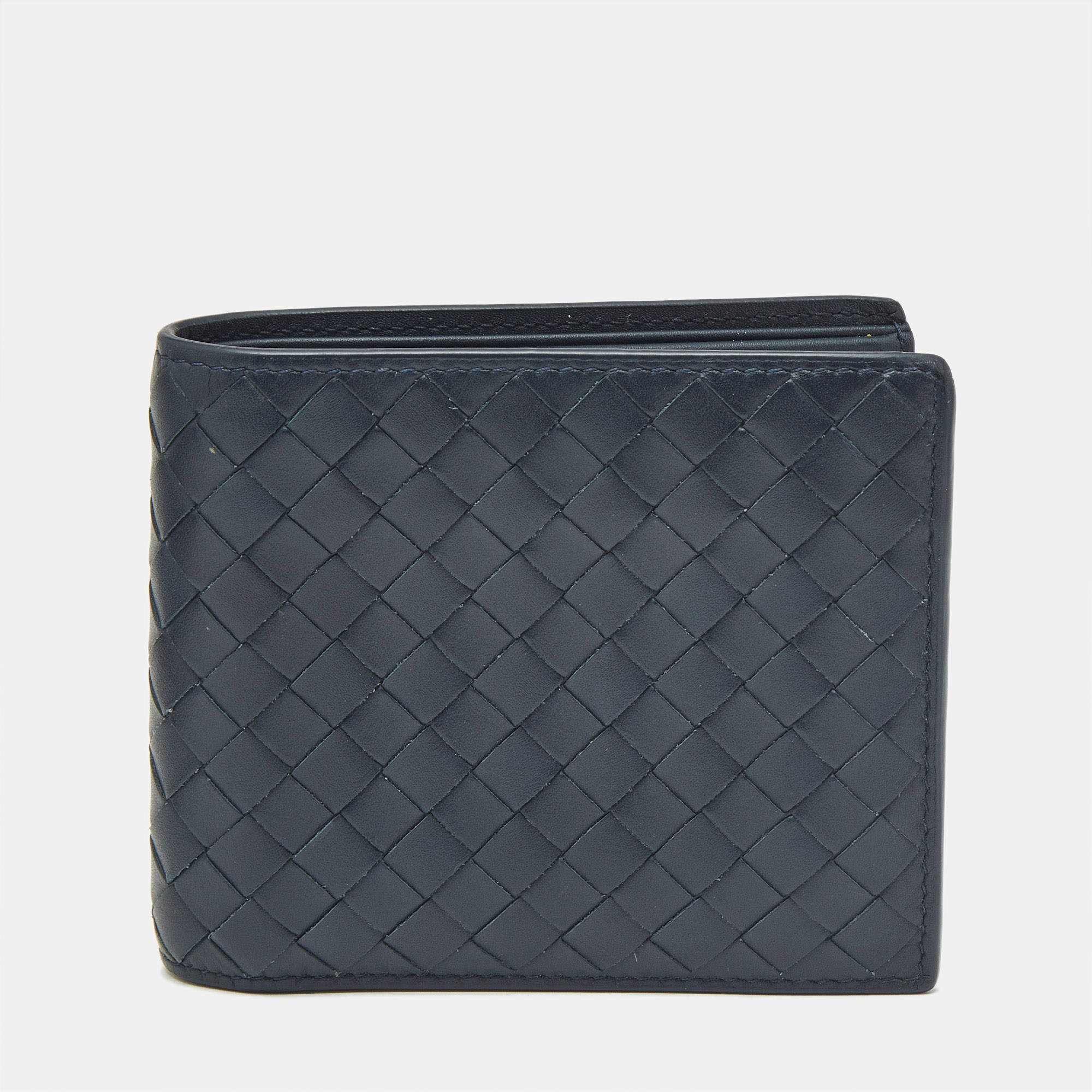 Pre Owned Bottega Veneta Navy Blue Intrecciato Leather Bifold Wallet