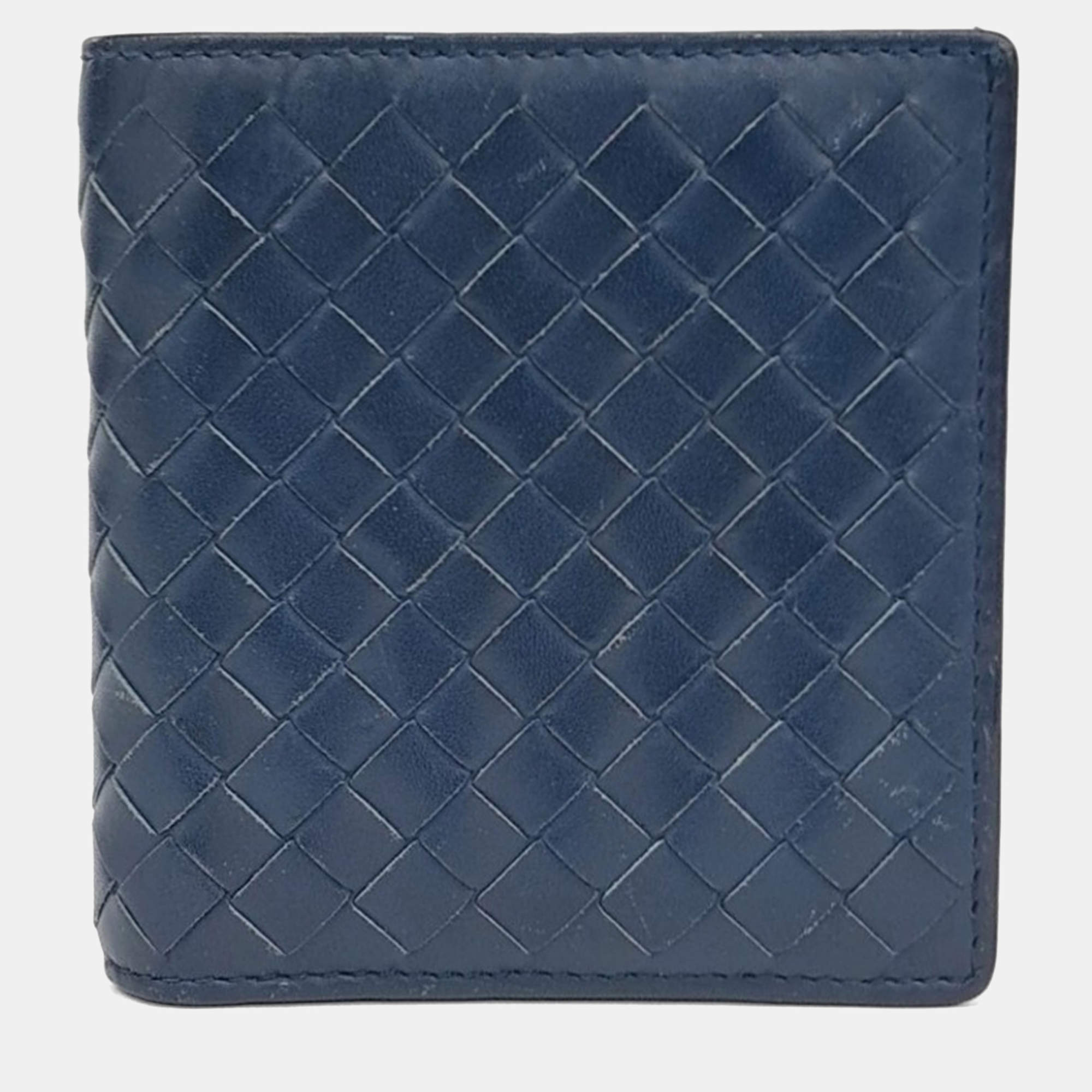 مملوكة مسبقًا Bottega Veneta Navy Blue Leather mesh bi-fold wallet