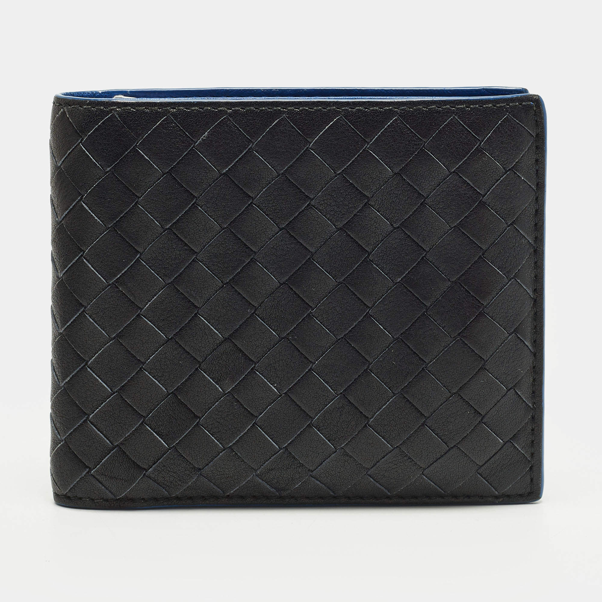 مملوكة مسبقًا Bottega Veneta Black/Blue Intrecciato Leather Bifold Wallet