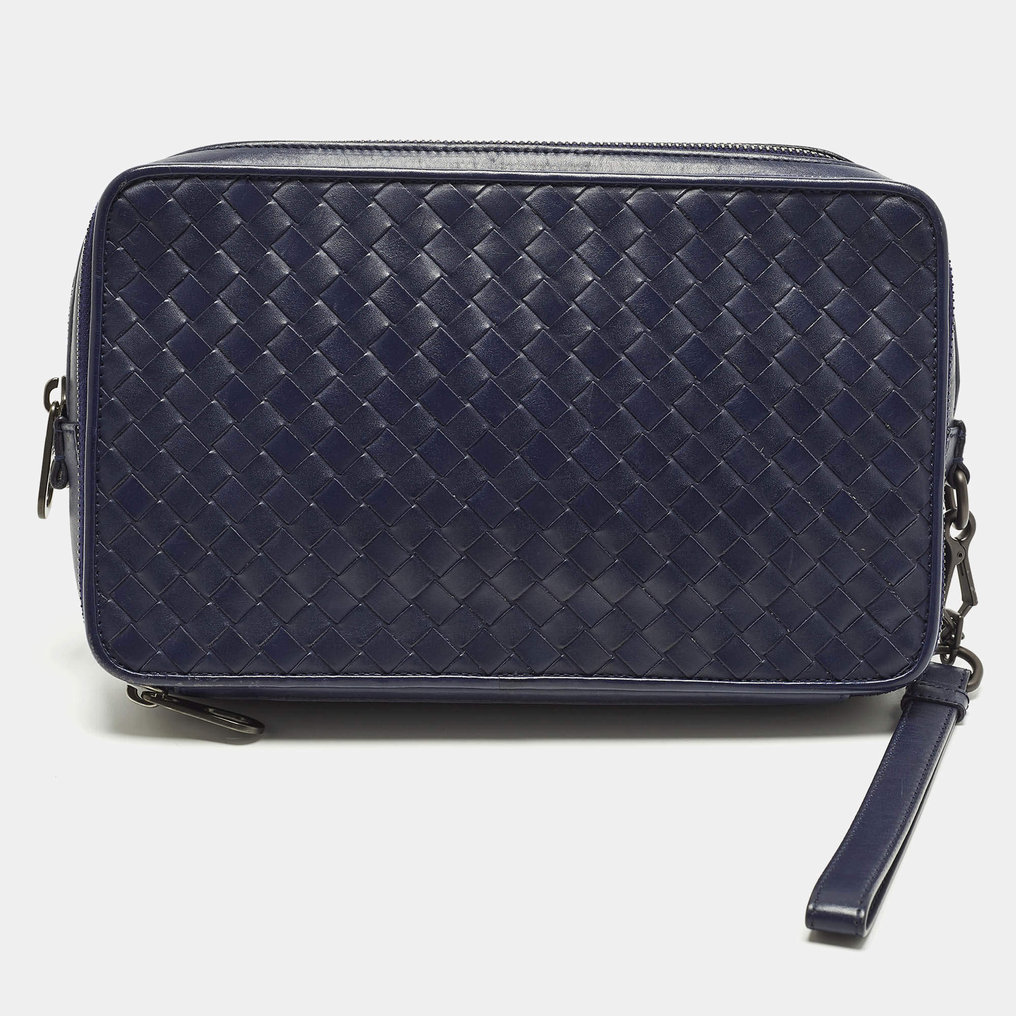 Pre Owned Bottega Veneta Navy Blue Intrecciato Leather Travel Zip Pouch