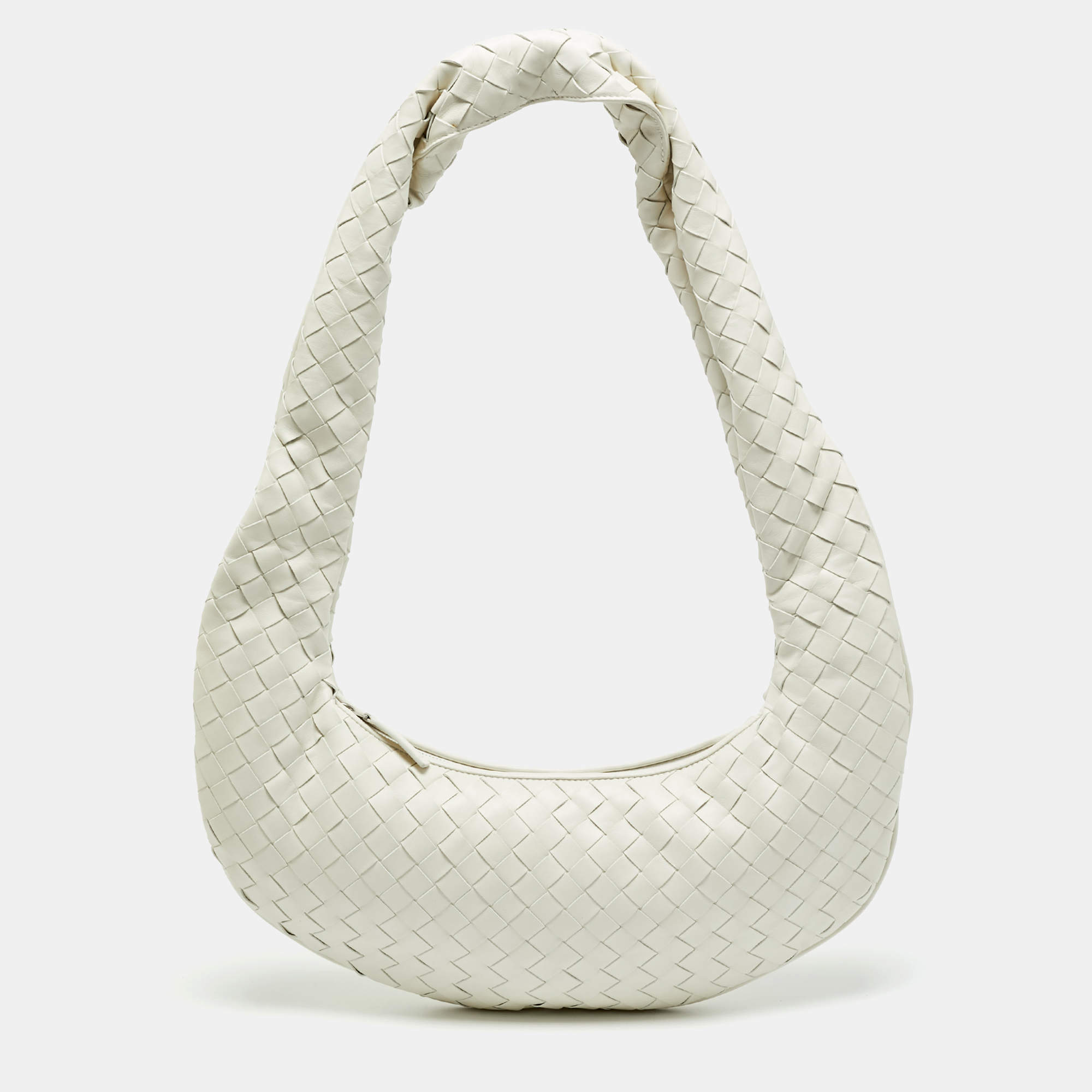 Pre Owned Bottega Veneta Buddy Off White Intrecciation Leather Crossbody Bag