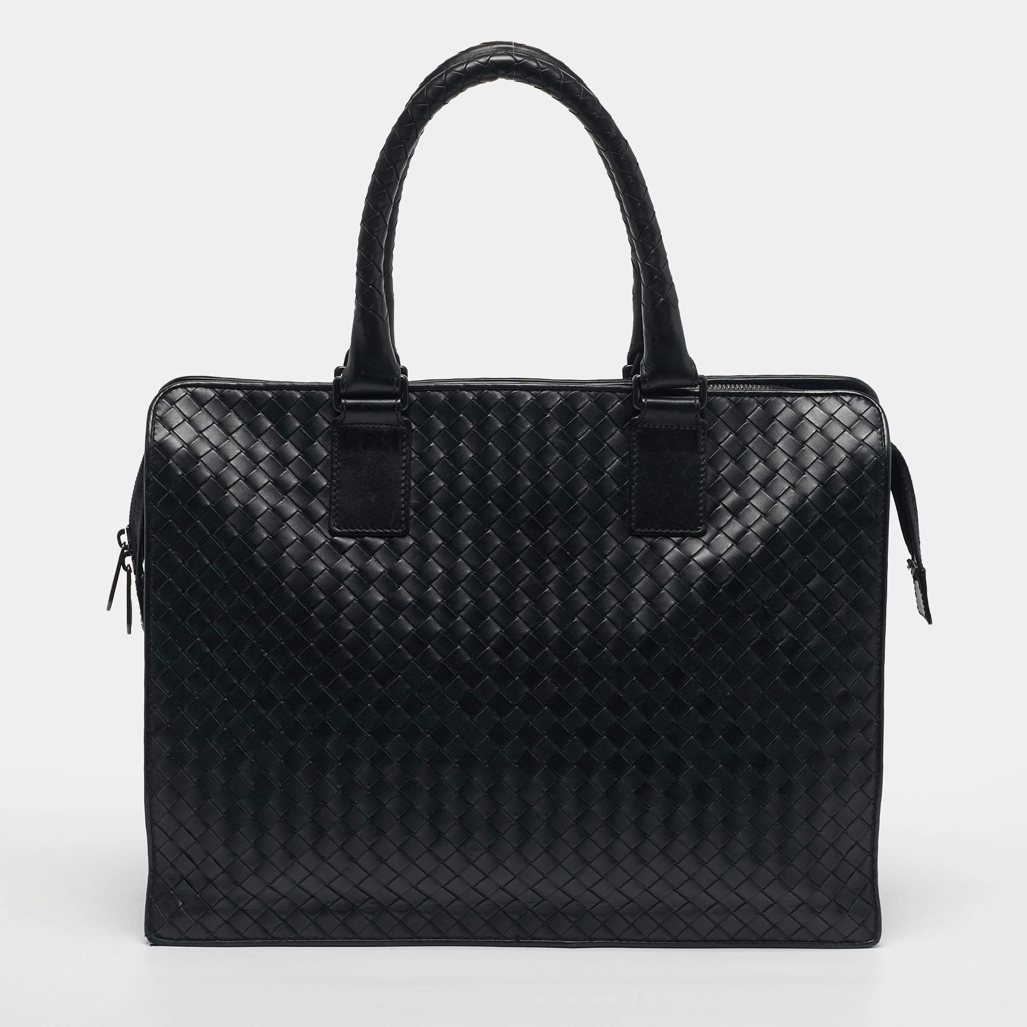 Pre Owned Bottega Veneta Black Intrecciato Leather Zip Briefcase