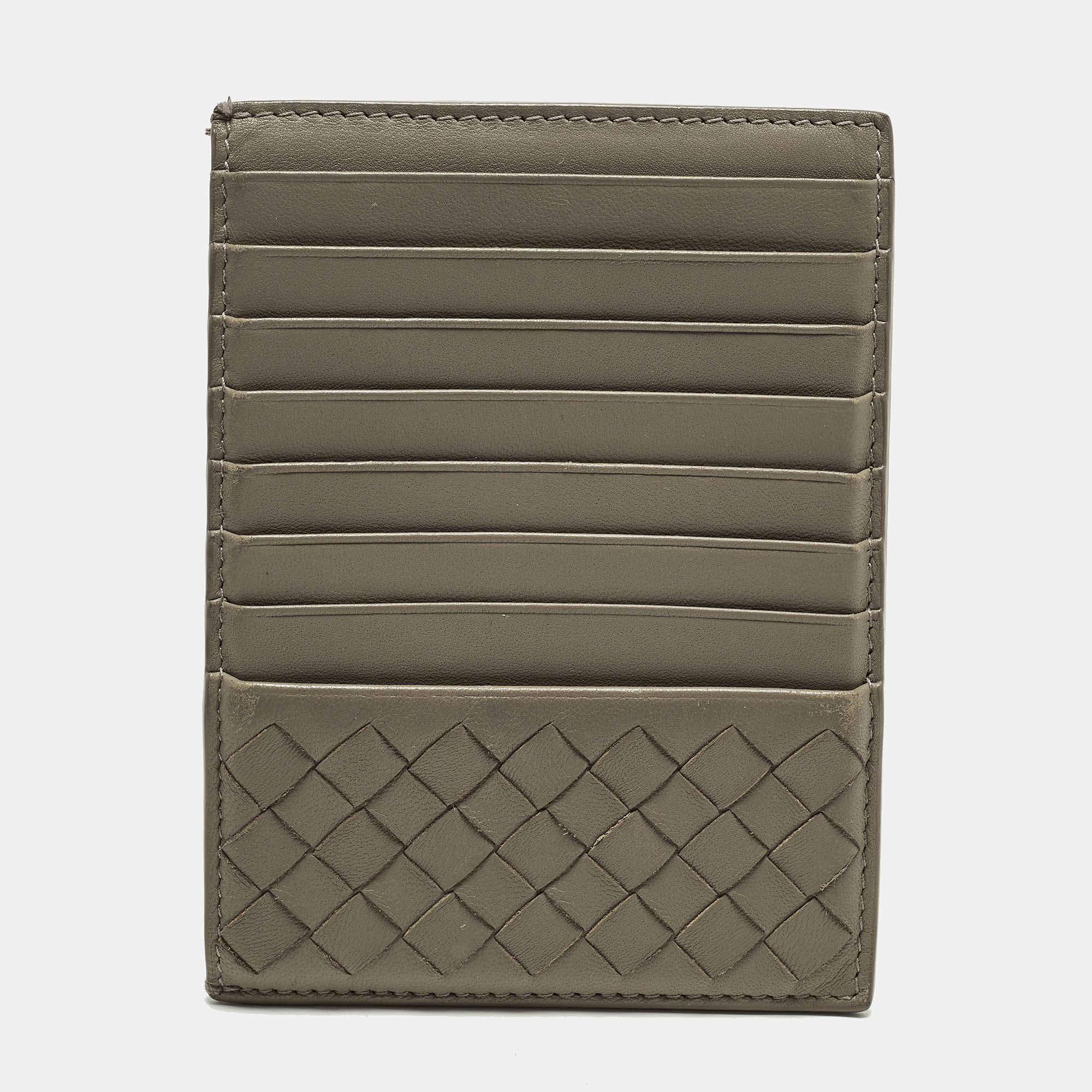Pre Owned Bottega Veneta Beige Intrecciato Leather Zip Card Holder