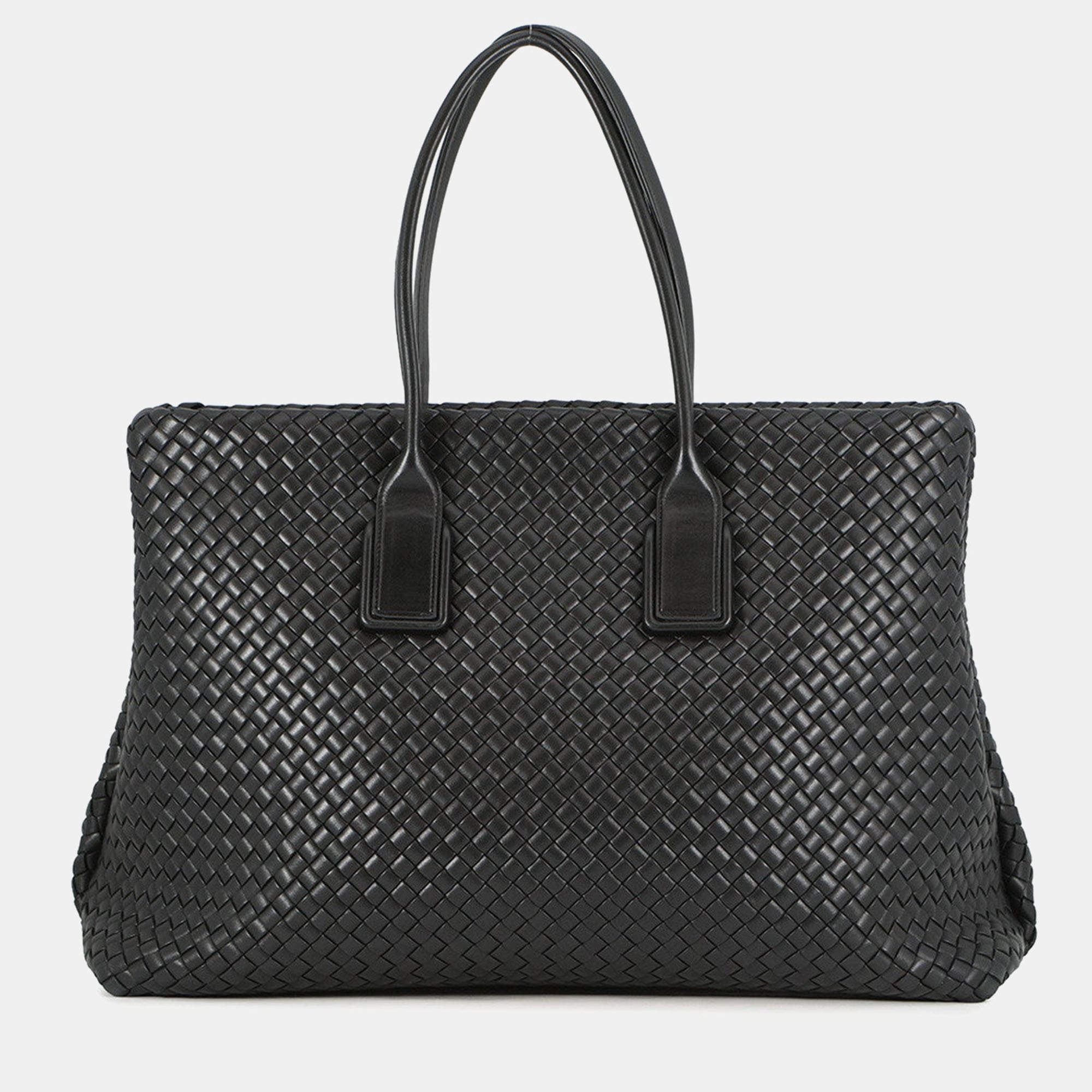 Pre Owned Bottega Veneta Intrecciato Snap Tote Bag Black Leather