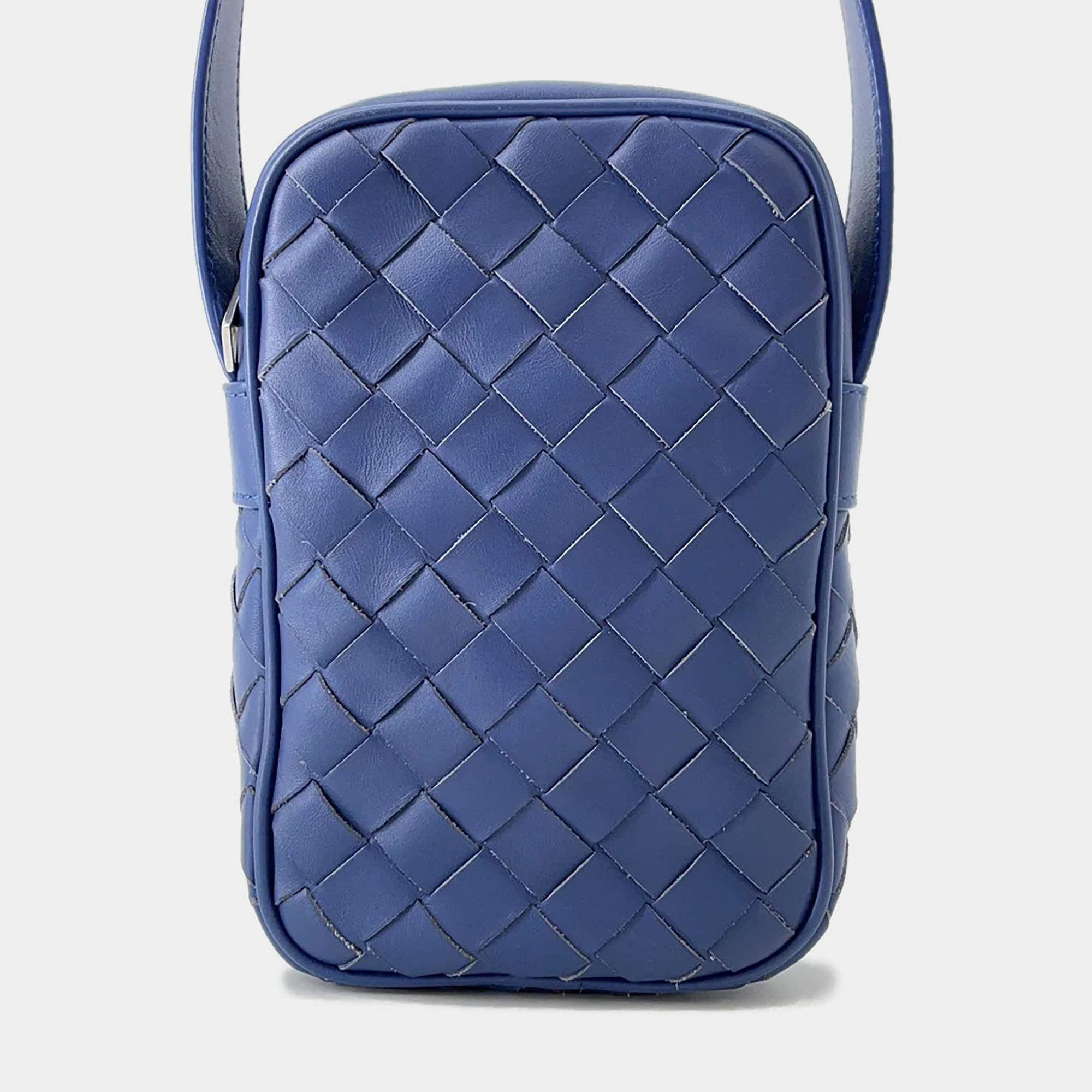 Pre Owned Bottega Veneta Intrecciato Shoulder Bag Blue Leather