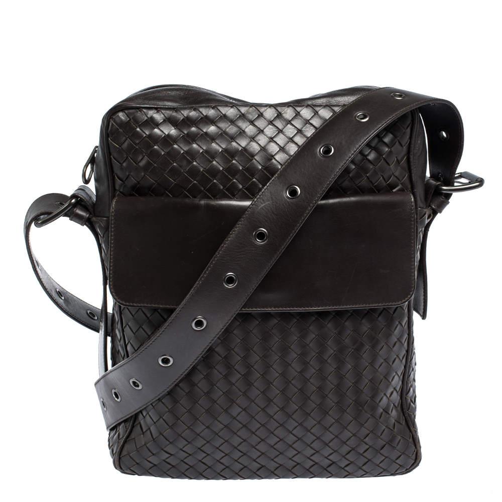 Bottega Veneta Dark Brown Intrecciato Leather Grommet Strap Messenger Bag