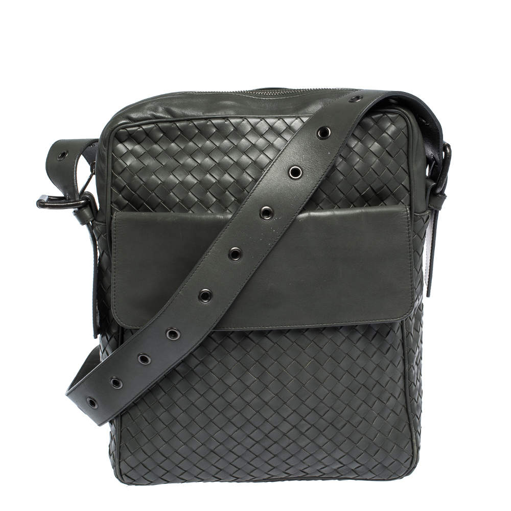 Bottega Veneta Grey Intrecciato Leather Grommet Strap Messenger Bag ...