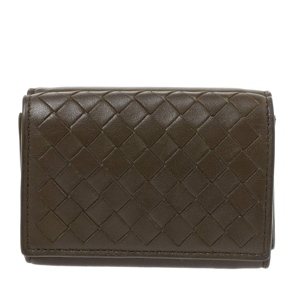 Pre Owned Bottega Veneta Olive Green Intrecciato Leather Trifold Wallet