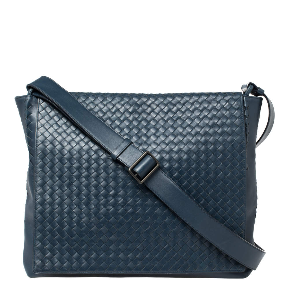 Bottega Veneta Navy Blue Intrecciato Leather Flap Messenger Bag