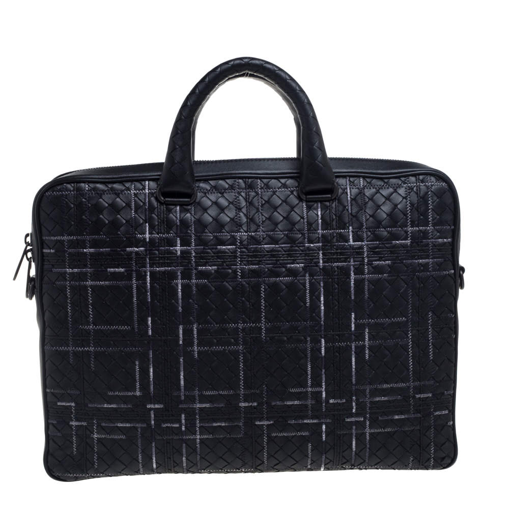 Bottega Veneta Black Intrecciato Leather Stitched Detail Briefcase