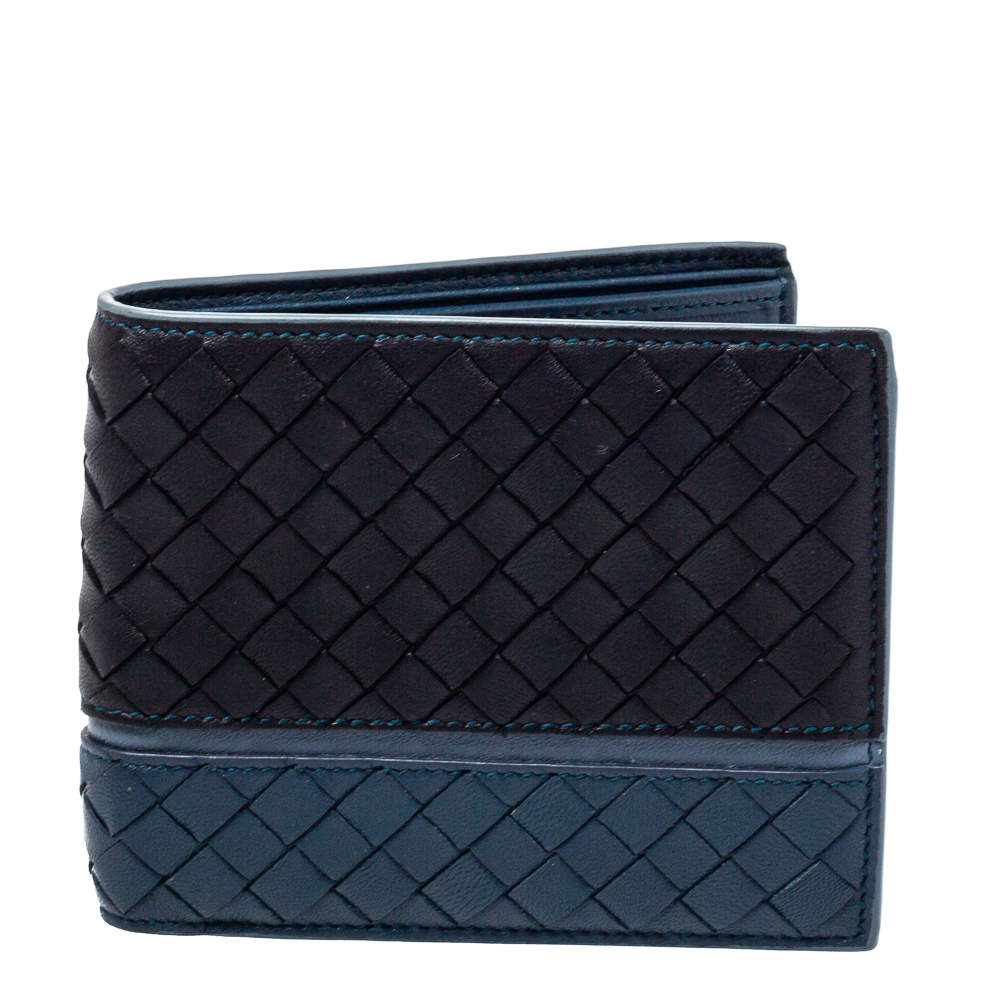 Pre Owned Bottega Veneta Black/Blue Intrecciato Leather Bifold Wallet