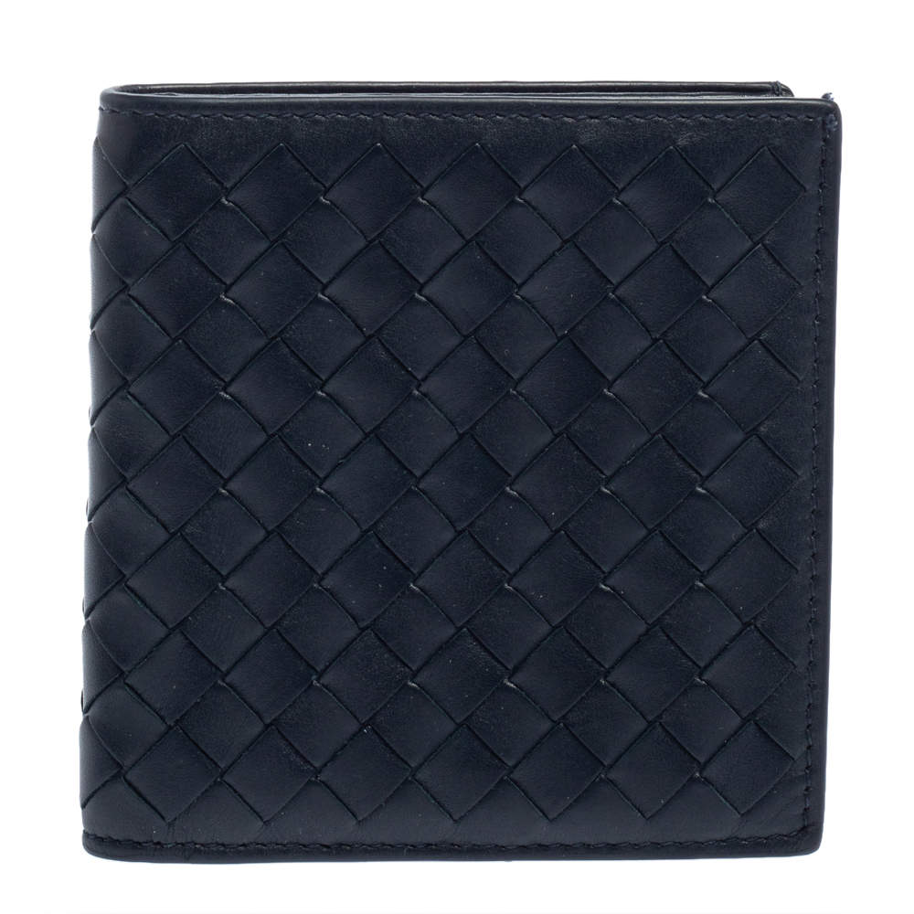 Pre Owned Bottega Veneta Navy Blue Intrecciato Leather Card Holder