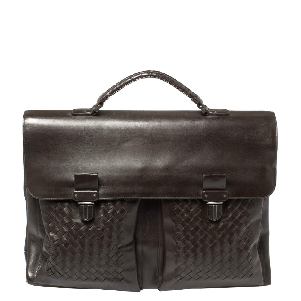 Pre Owned Bottega Veneta Dark Brown Intrecciato Leather Briefcase