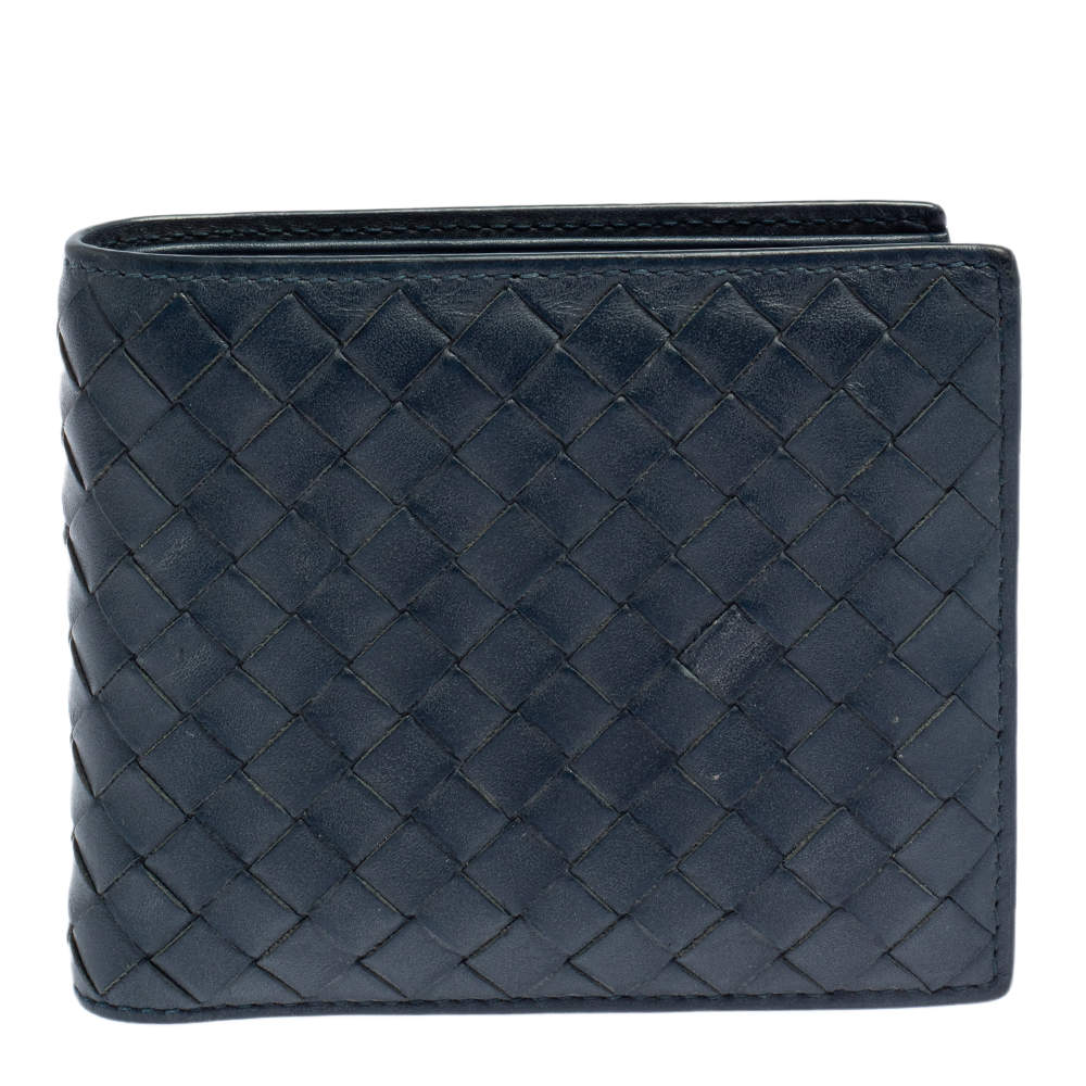 Pre Owned Bottega Veneta Blue Intrecciato Leather Bifold Wallet