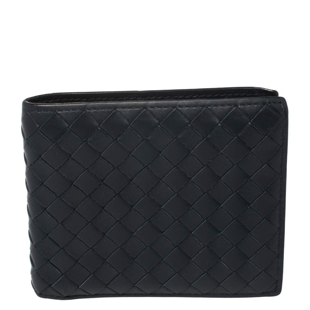 Pre Owned Bottega Veneta Navy Blue Intrecciato Leather Bifold Wallet