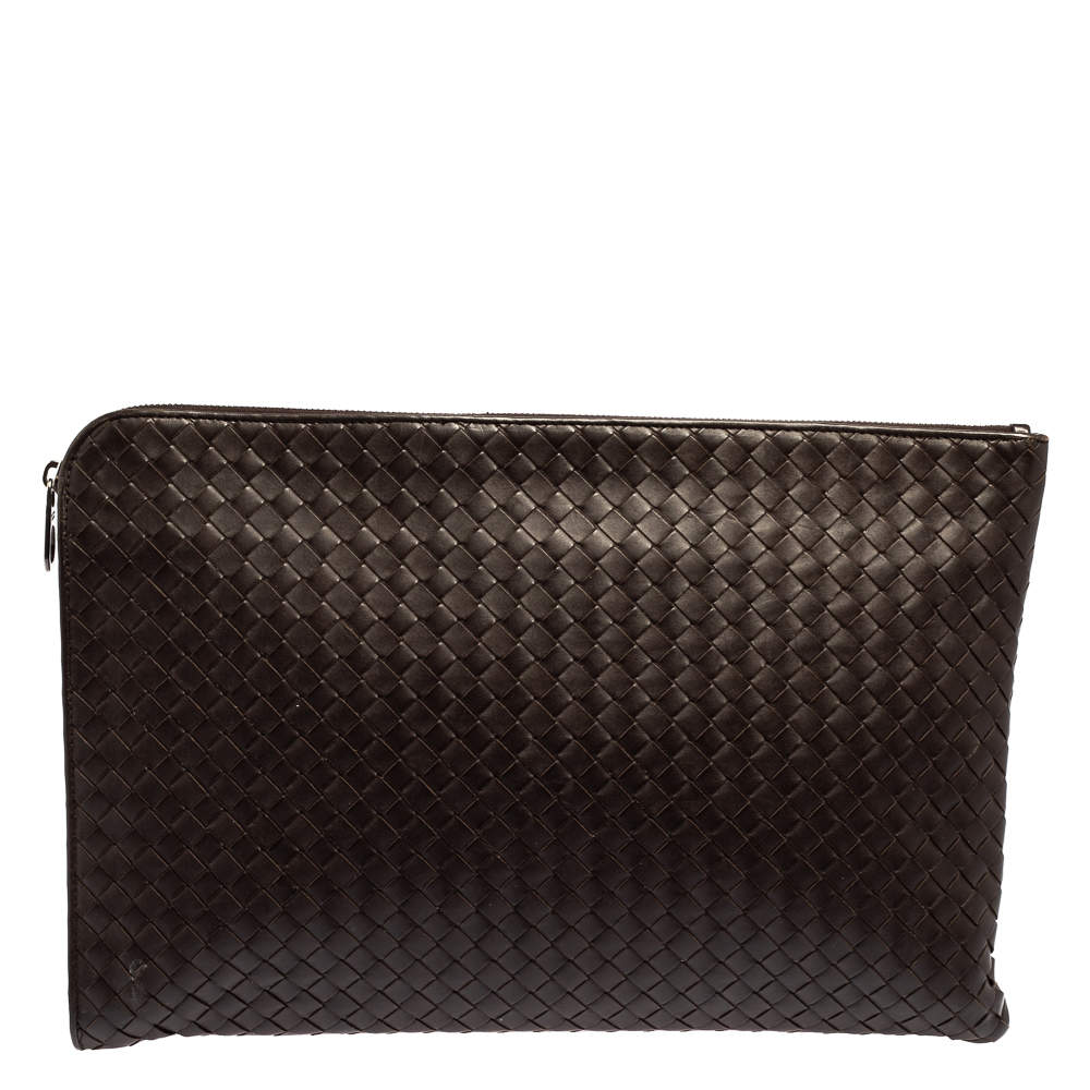 Bottega Veneta Dark Brown Intrecciato Leather Zip Document Case