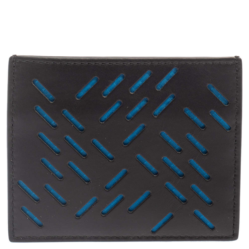 Pre Owned Bottega Veneta Black/Blue Laser Cut Leather Card Holder