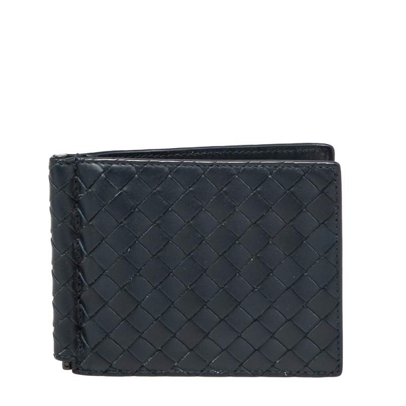 Pre Owned Bottega Veneta Navy Blue Intrecciato Leather Money Clip Bifold Wallet
