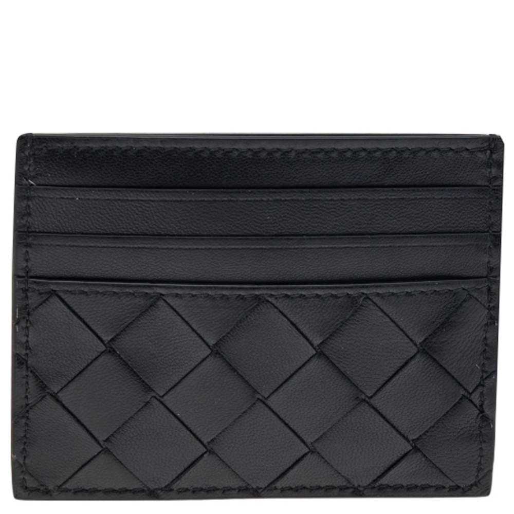 Pre Owned Bottega Veneta Black Intrecciato Leather Card Holder