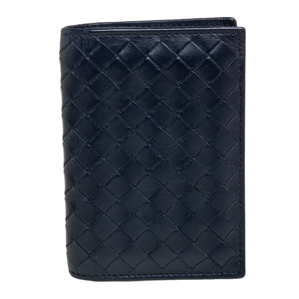 Pre Owned Bottega Veneta Navy Blue Intrecciato Leather Card Holder