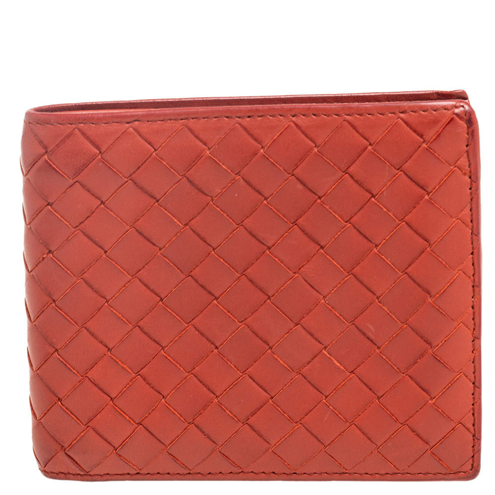 Pre Owned Bottega Veneta Orange Intrecciato Leather Bifold Wallet