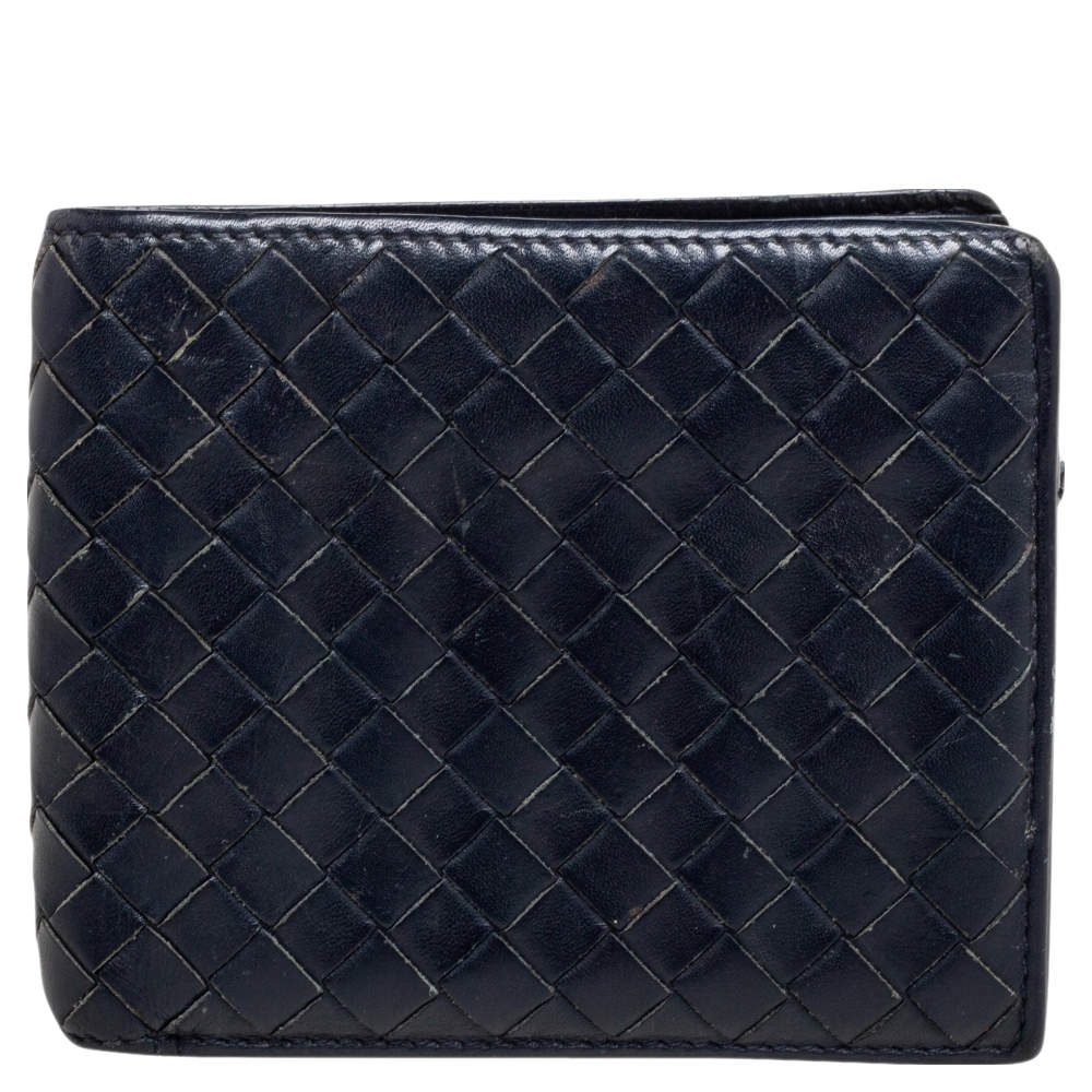 Pre Owned Bottega Veneta Dark Blue Intrecciato Leather Bifold Wallet