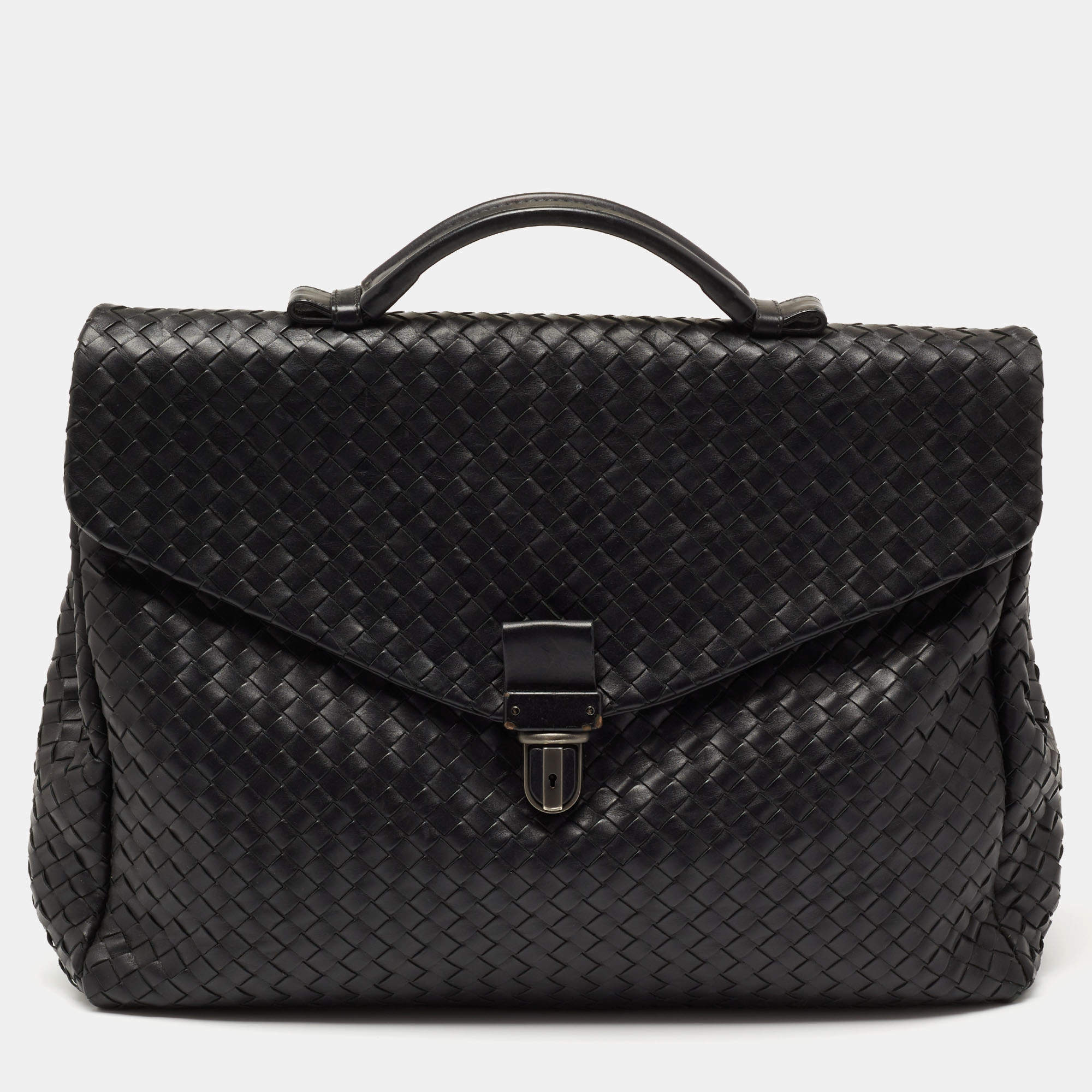Pre Owned Bottega Veneta Black Intrecciato Leather Envelope Flap Briefcase